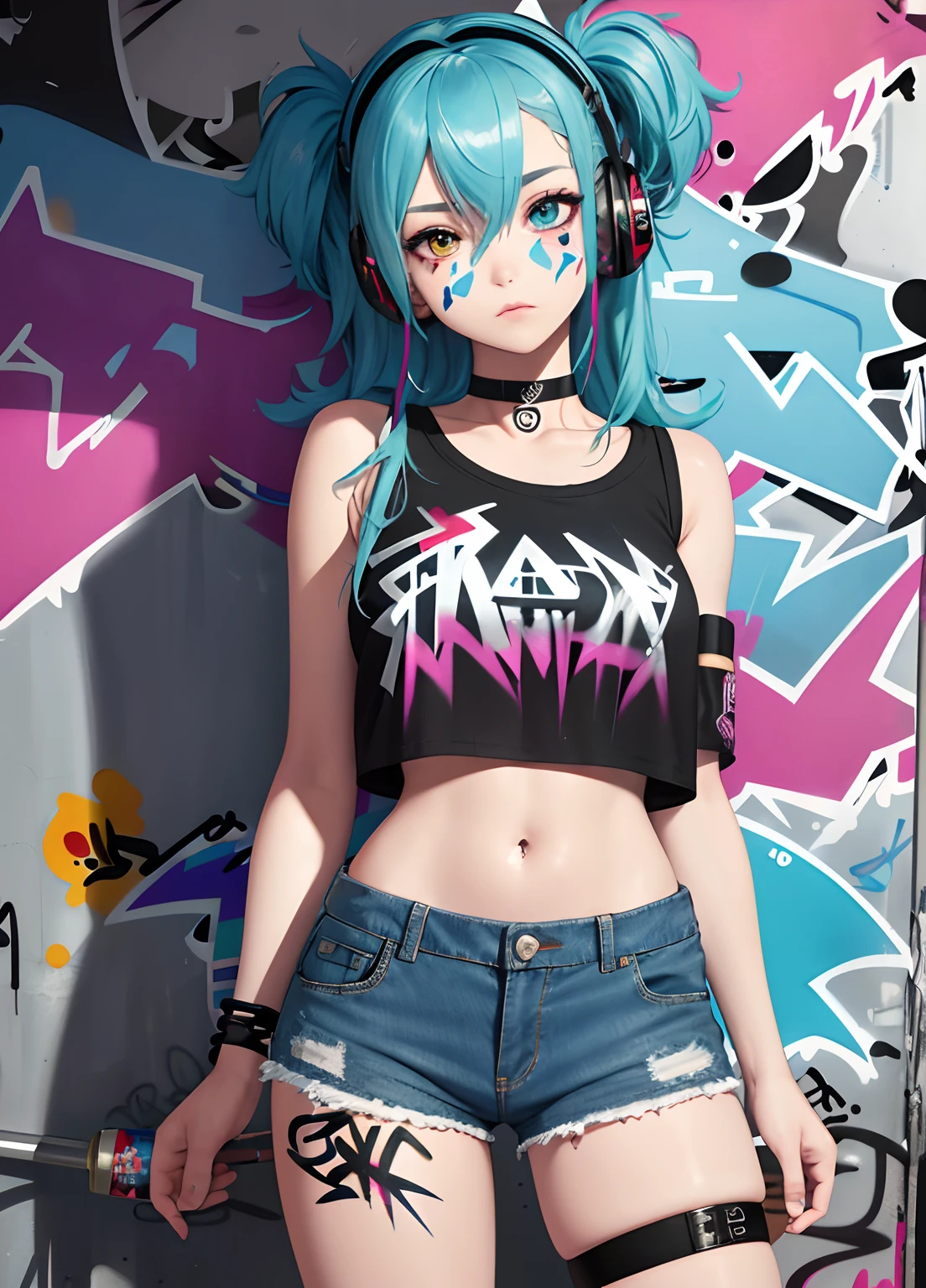 masterpiece, best quality, 1girl, solo, crop top, denim shorts, choker, (graffiti:1.5), paint splatter, arms behind back, against wall, looking at viewer, armband, thigh strap, paint on body, head tilt, bored, multicolored hair, aqua eyes, headset,