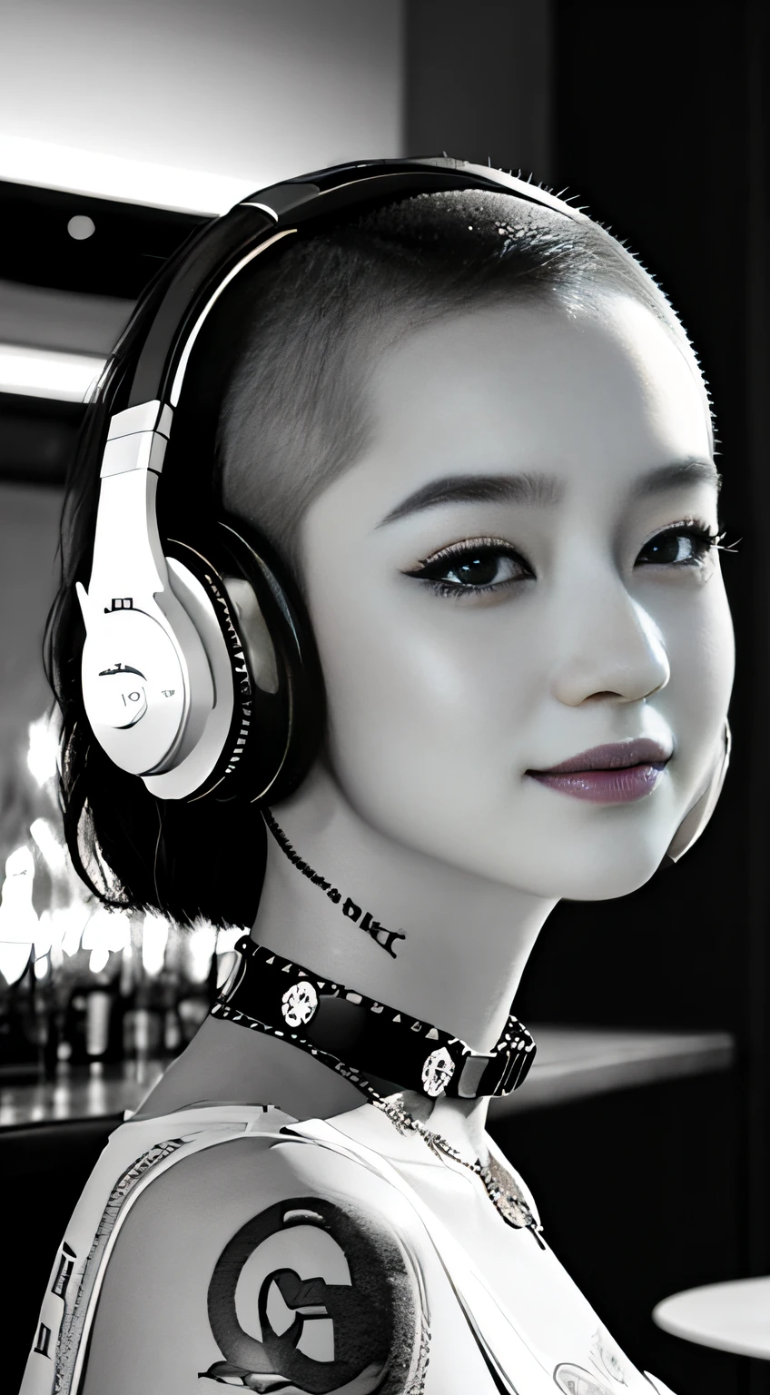 best qualtiy,tmasterpiece,超高分辨率,(fidelity:1.4),(B&W:1.3),professinal,photography of,1个Giant Breast Girl,Dee bar,Girl wearing headphones,DJ in the bar,Upper body,A female DJ,Look at the crowd,DJ, DJ booth,DJ Player,stage lighting,(buzz cut:1.1),(Tattooed with:1.1),cheerfulness,dyna,Gucci, Versace,cruel,choker necklace,Vistas