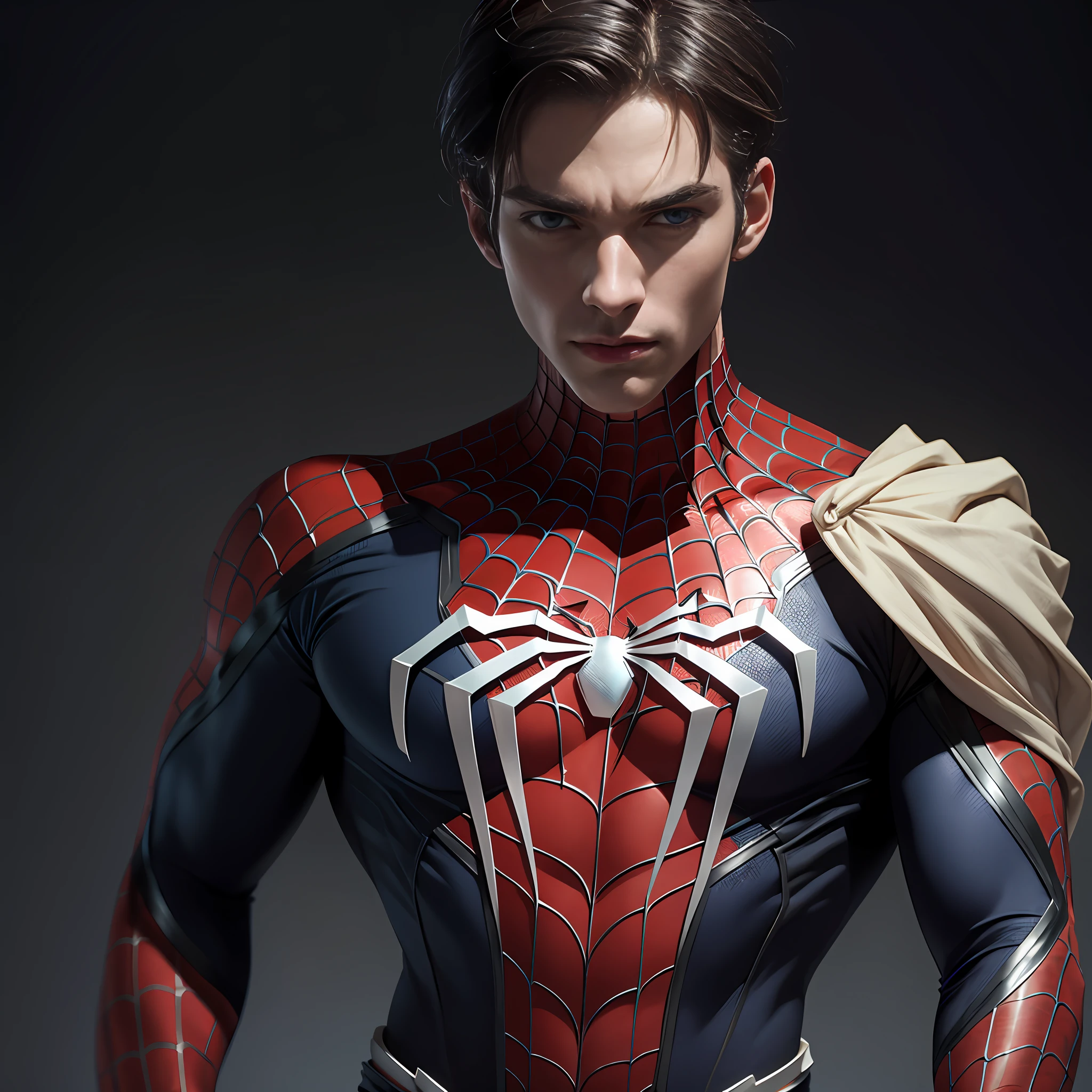 masterpiece, best quality, 1man beautiful, tall and muscular face, broad shoulders, finely detailed eyes and detailed face, extremely detailed CG unit wallpaper, intricate details, short hair, using spider man costume,, 8k, wallpaper, official art, ultra detailed, beautiful and aesthetic.