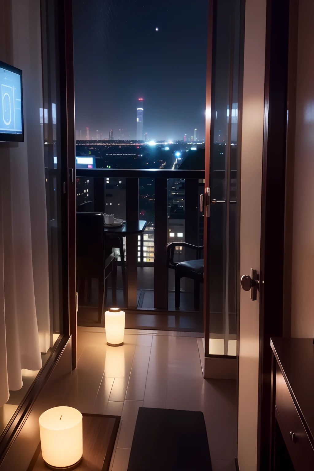 Front view of the hotel with beautiful night view、no person、unmanned、ren、modern、inside in room、The view from the window