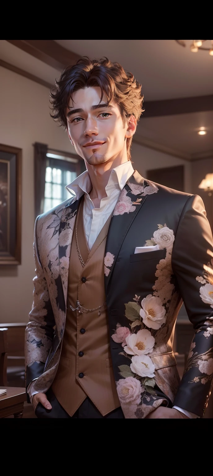 Three piece suite happy, broad shoulders, clear focus (clutter - house: 0.8), (masterpiece: 1.2) (Realistic: 1.2) (Anime) (Best quality) (Detailed skin: 1.3) (Intricate details) (8K) (Detail eyes) (Sharp focus), (Happy) little detailed smile on face