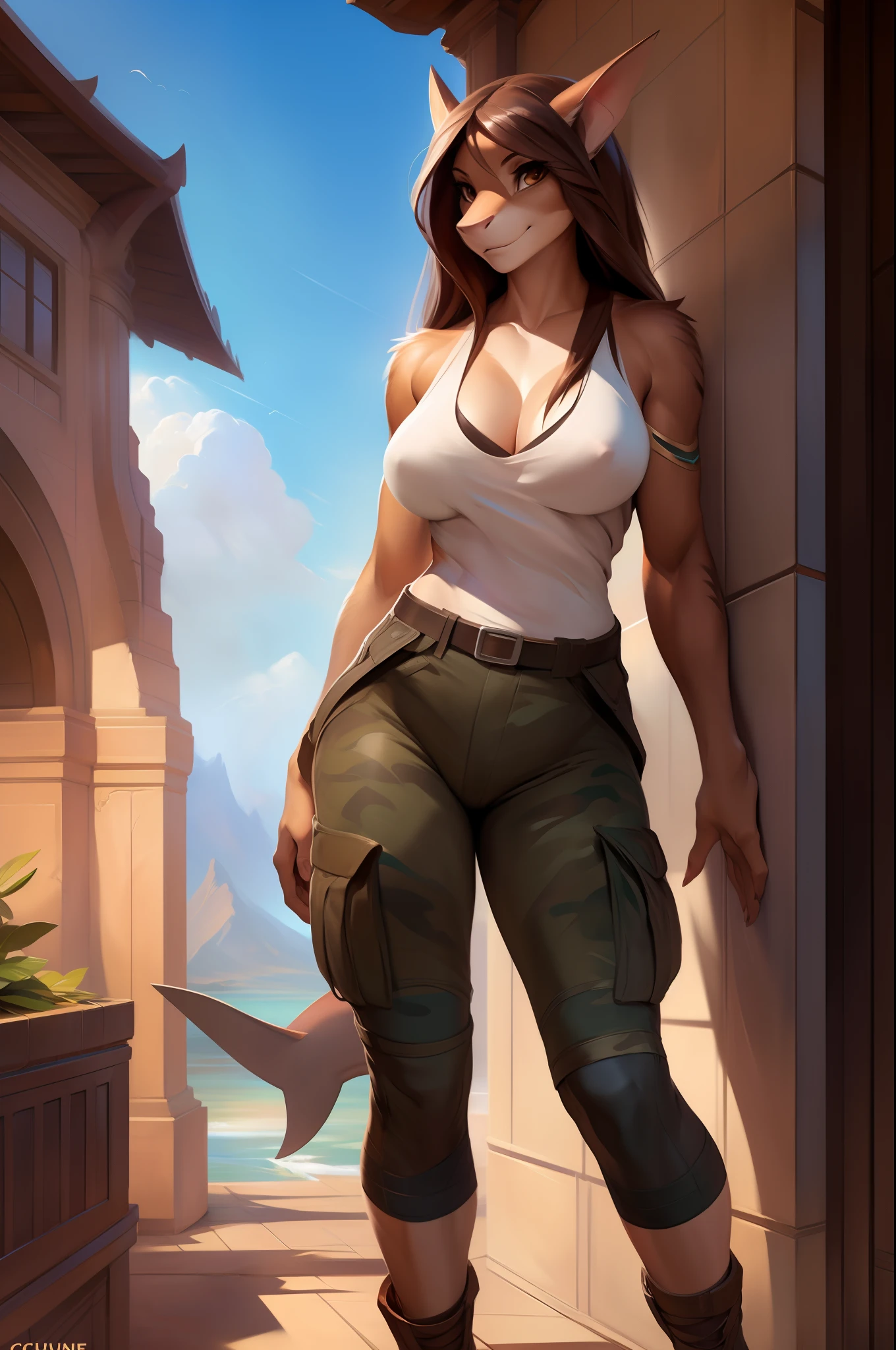 4k, high resolution, best quality, masterpiece, perfect colors, perfect shadows, beautiful and detailed portrait of a (((feminine))), perfect lighting, posted on e621, (by Chunie, by Einshelm), furry, anthro, furry art, ((portrait)), Female, black legs from foot to knee, Beautiful brown eyes, fit body, perfect masculine body, detailed fur, detailed face, ((Bonifasko lighting)), (detailed eyes), perfect pupils, Tall, Long brown hair, messy long hair, Wide hips, big legs, C cup breasts, Camo cargo pants, wearing clothes, Arms white, Black T-shirt, Shark