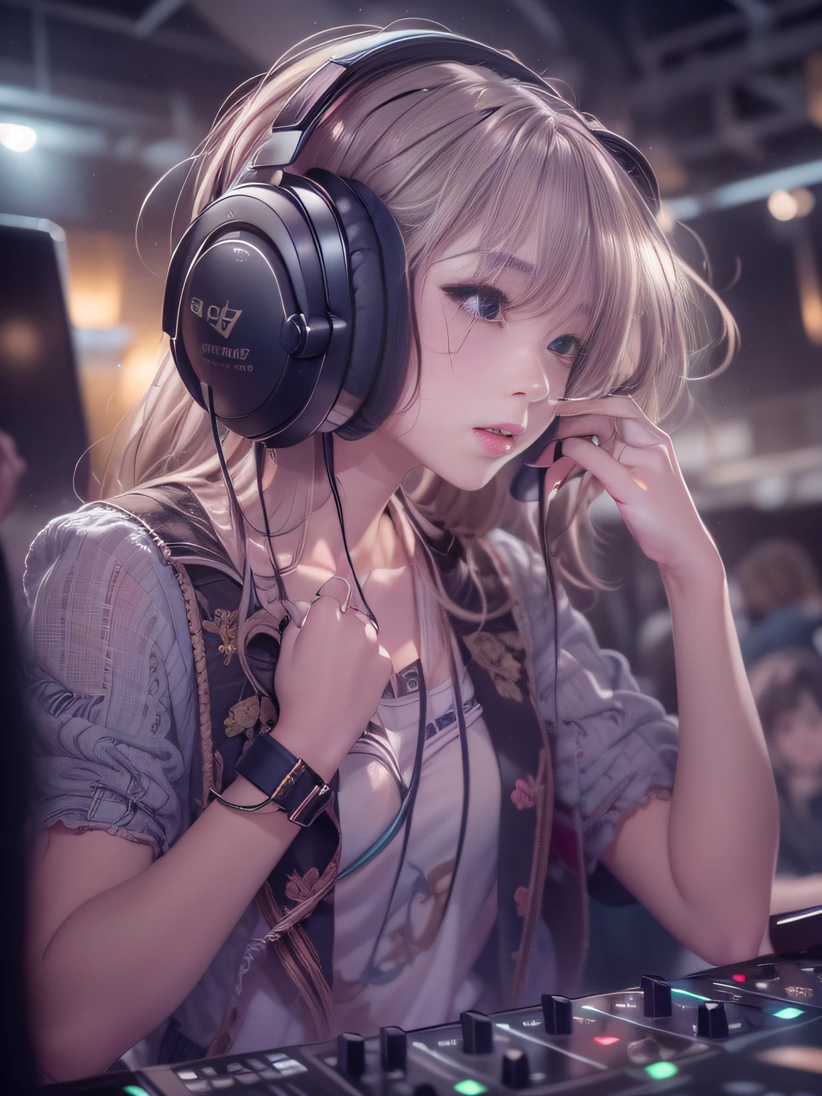 Alafed woman in DJ venue wearing headphones, ((A look tinged with joy，Ephemeral woman))，nightcore, With headphones, Kantai Collection Style, Soft lighting, with head phones, DJ female, anime moe art style，I am a DJ，((They are very focused:1.5)),small tits，slim figure,extremely detailed eye and face、beatiful detailed eyes,Beautiful skins,finely detail、smooth hair，detailed hairs，Very fine hairs，Cool color makeup，Lowered eyebrows、Whitening effect，thin and thin eyebrows，milky skin,DJs concentrate on the venue，(A scene from the venue)，((The gaze is looking at the venue))，The DJ machine is exquisitely operated