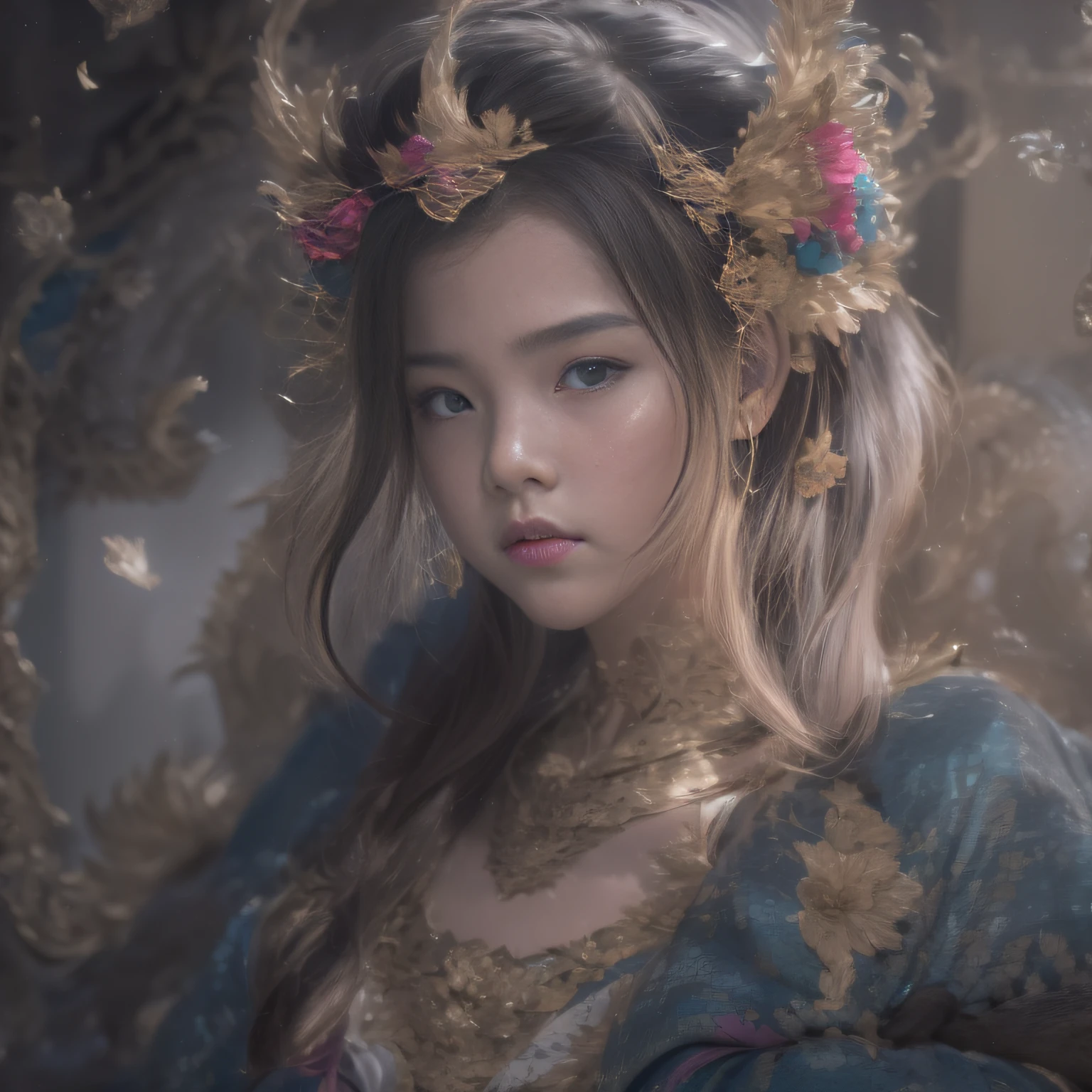 32K（tmasterpiece，k hd，hyper HD，32K）short detailed hair，Gold jewelry area in the back room，Flame Girl ，Yao Lang protector （realisticlying：1.4），Python pattern robe，Purple-pink tiara，Snowflakes fluttering，The background is pure，Hold your head high，Be proud，The nostrils look at people， A high resolution， the detail， RAW photogr， Sharp Re， Nikon D850 Film Stock Photo by Jefferies Lee 4 Kodak Portra 400 Camera F1.6 shots, Rich colors, ultra-realistic vivid textures, Dramatic lighting, Unreal Engine Art Station Trend, cinestir 800，Hold your head high，Be proud，The nostrils look at people