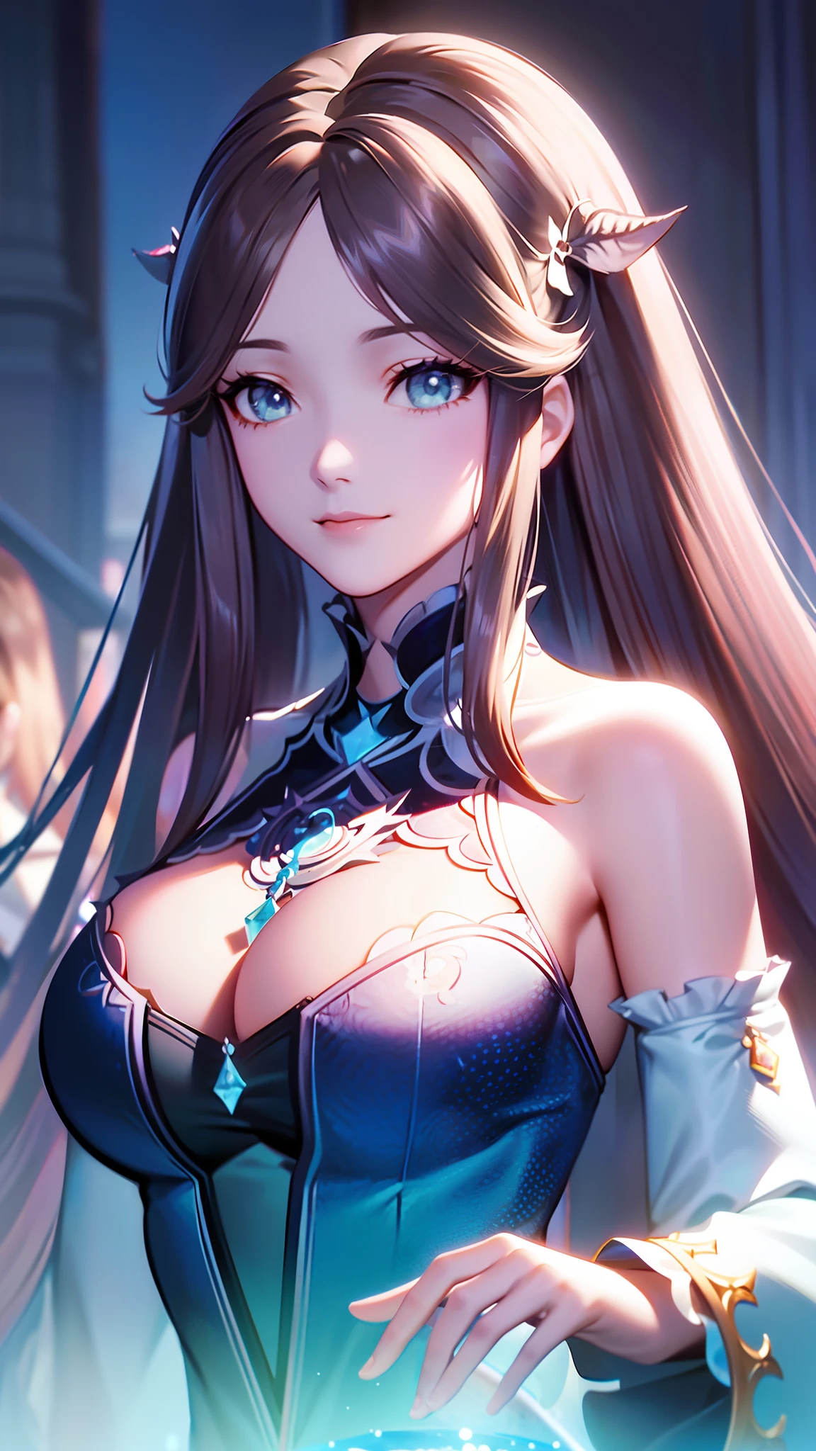 "the Extremely Detailed CG Unity 8K Wallpapers，tmasterpiece，Best picture quality，ningrongrong，Large breasts，cleavage，long whitr hair，Off-the-shoulder attire，Close-up，sada，ssmile，looks into camera，sportrait，