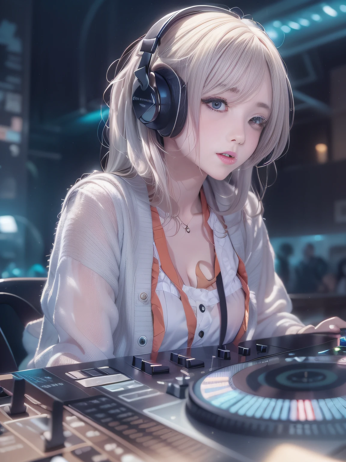 Alafed woman in DJ venue wearing headphones, ((A look tinged with joy，Ephemeral woman))，nightcore, With headphones, Kantai Collection Style, Soft lighting, with head phones, DJ female, anime moe art style，I am a DJ，((They are very focused:1.5)),small tits，slim figure,extremely detailed eye and face、beatiful detailed eyes,Beautiful skins,finely detail、smooth hair，detailed hairs，Very fine hairs，Cool color makeup，Lowered eyebrows、Whitening effect，thin and thin eyebrows，milky skin,DJs concentrate on the venue，(A scene from the venue)，((The gaze is looking at the venue))，The DJ machine is exquisitely operated