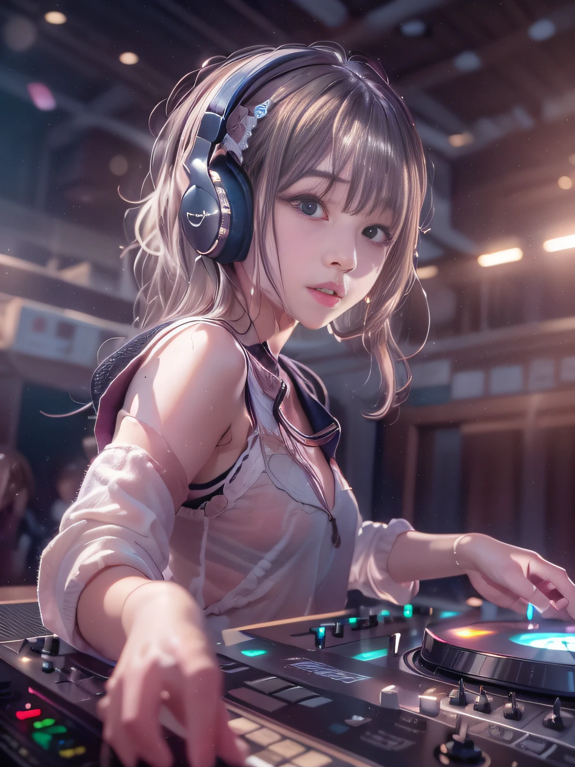 Alafed woman in DJ venue wearing headphones, ((A look tinged with joy,Ephemeral woman)),nightcore, With headphones, Kantai Collection Style, Soft lighting, with head phones, DJ female, anime moe art style,I am a DJ,((They are very focused:1.5)),small tits,slim figure,extremely detailed eye and face、beatiful detailed eyes,Beautiful skins,finely detail、smooth hair,detailed hairs,Very fine hairs,Cool color makeup,Lowered eyebrows、Whitening effect,thin and thin eyebrows,milky skin,DJs concentrate on the venue,(A scene from the venue),((The gaze is looking at the venue)),The DJ machine is exquisitely operated