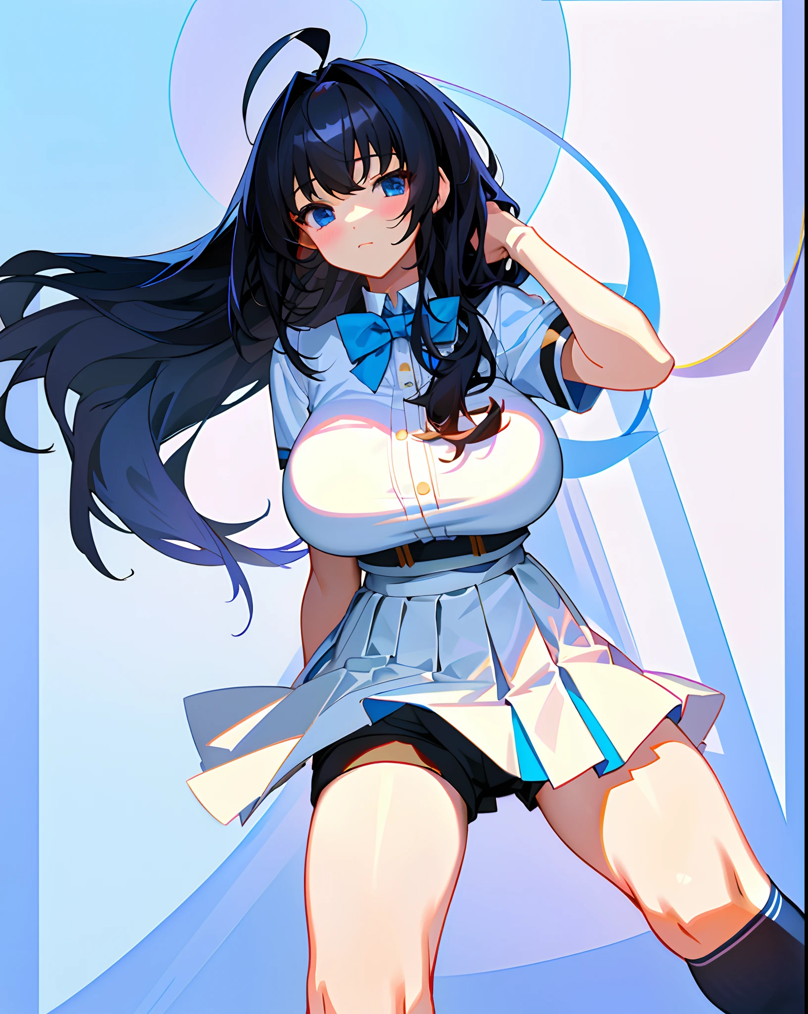 masterpiece, best quality, game_cg, girl, long hair, hanging breasts, black hair, ahoge, shorts under skirt, bangs, shy, blue eyes, large breasts, white kneehighs, bowtie, arms behind head,