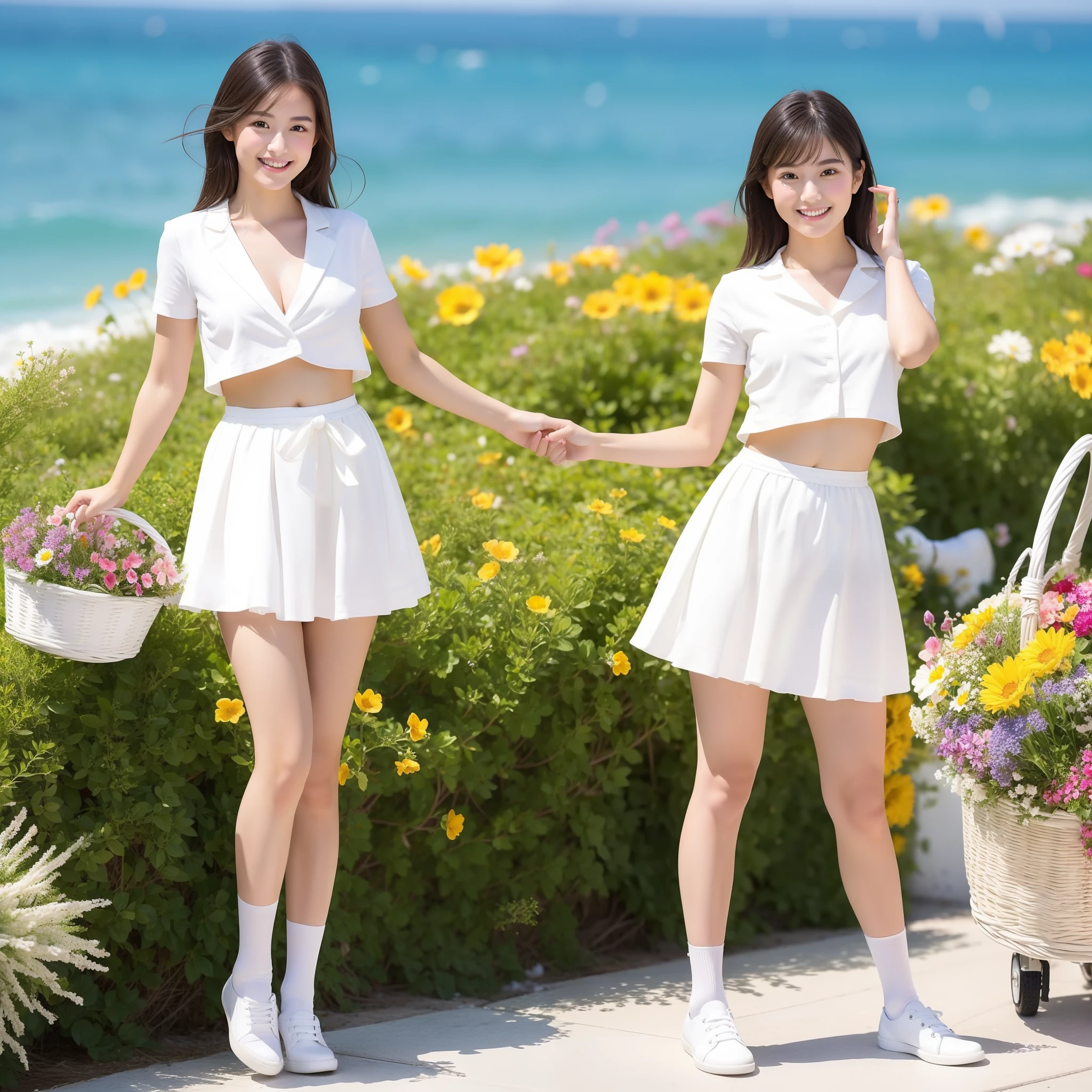 Two asian women in white outfits standing next to each other - SeaArt AI