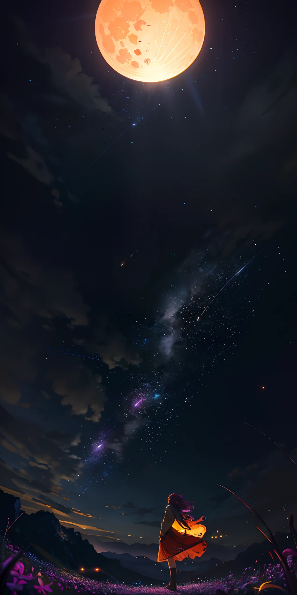Vast landscape photo, (viewed from below, the sky is above and the open field is below), a girl standing on a flower field looking up, (full moon: 1.2), (meteor: 0.9), (nebula: 1.3), distant mountains , Trees BREAK Crafting Art, (Warm Light: 1.2), (Fireflies: 1.2), Lights, Lots of Purple and Orange, Intricate Details, Volumetric Lighting, Realism BREAK (Masterpiece: 1.2), (Best Quality), 4k, Ultra-Detailed, (Dynamic Composition: 1.4), Very Detailed, Colorful Details, (Rainbow Colors: 1.2), (Glow Lighting, Atmospheric Lighting), Dreamy, Magical, (Solo: 1.2)