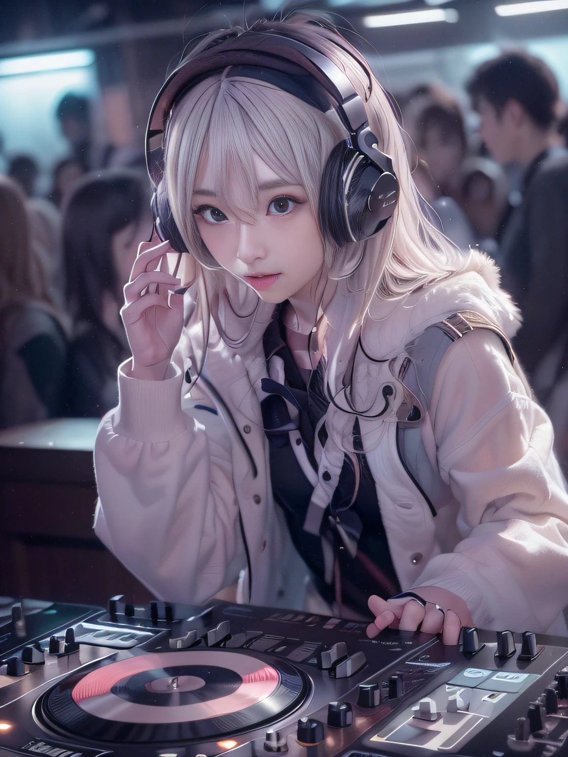 Alafed woman in DJ venue wearing headphones, ((A look tinged with joy,Ephemeral woman)),nightcore, With headphones, Kantai Collection Style, Soft lighting, with head phones, DJ female, anime moe art style,I am a DJ,((They are very focused:1.5)),small tits,slim figure,extremely detailed eye and face、beatiful detailed eyes,Beautiful skins,finely detail、smooth hair,detailed hairs,Very fine hairs,Cool color makeup,Lowered eyebrows、Whitening effect,thin and thin eyebrows,milky skin,DJs concentrate on the venue,(A scene from the venue),((The gaze is looking at the venue)),The DJ machine is exquisitely operated