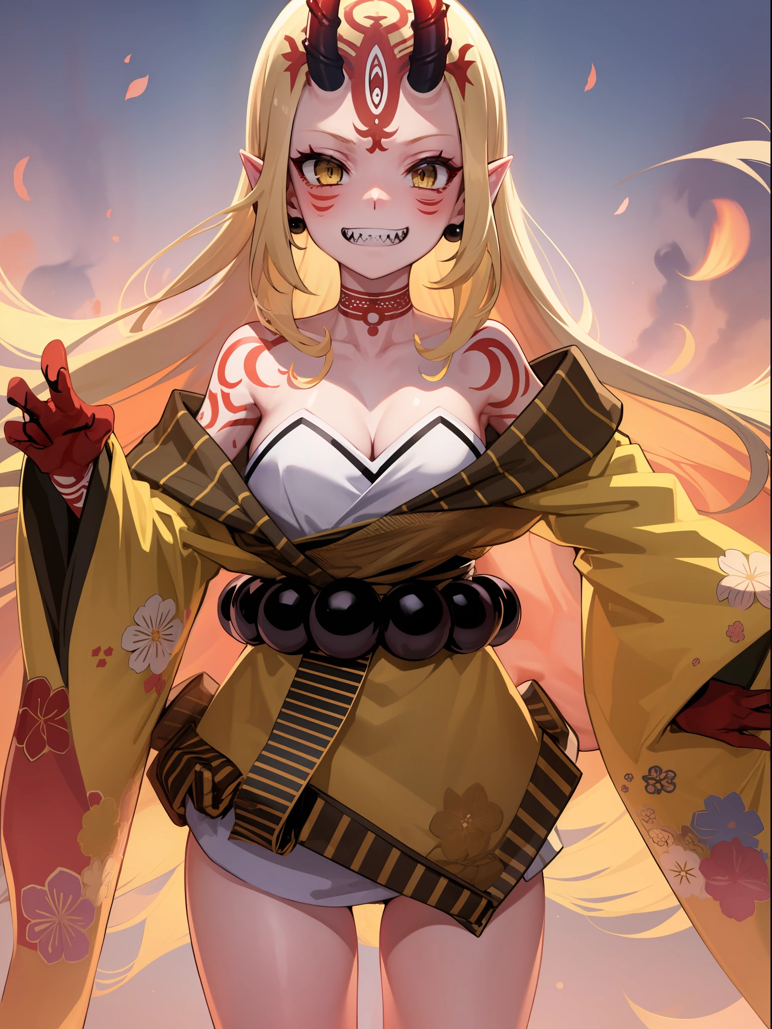 masterpiece, best quality,1girl,solo, ibaraki_douji , yellow kimono,cleavage, very long hair, japanese clothes, wide sleeves, off shoulder, floral print, beads, sash,grin,sharp teeth