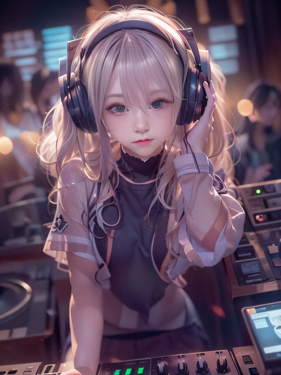 Alafed woman in DJ venue wearing headphones, ((A look tinged with joy,Ephemeral woman)),nightcore, With headphones, Kantai Collection Style, Soft lighting, with head phones, DJ female, anime moe art style,I am a DJ,((They are very focused:1.5)),small tits,slim figure,extremely detailed eye and face、beatiful detailed eyes,Beautiful skins,finely detail、smooth hair,detailed hairs,Very fine hairs,Cool color makeup,Lowered eyebrows、Whitening effect,thin and thin eyebrows,milky skin,DJs concentrate on the venue,(A scene from the venue),((The gaze is looking at the venue)),The DJ machine is exquisitely operated