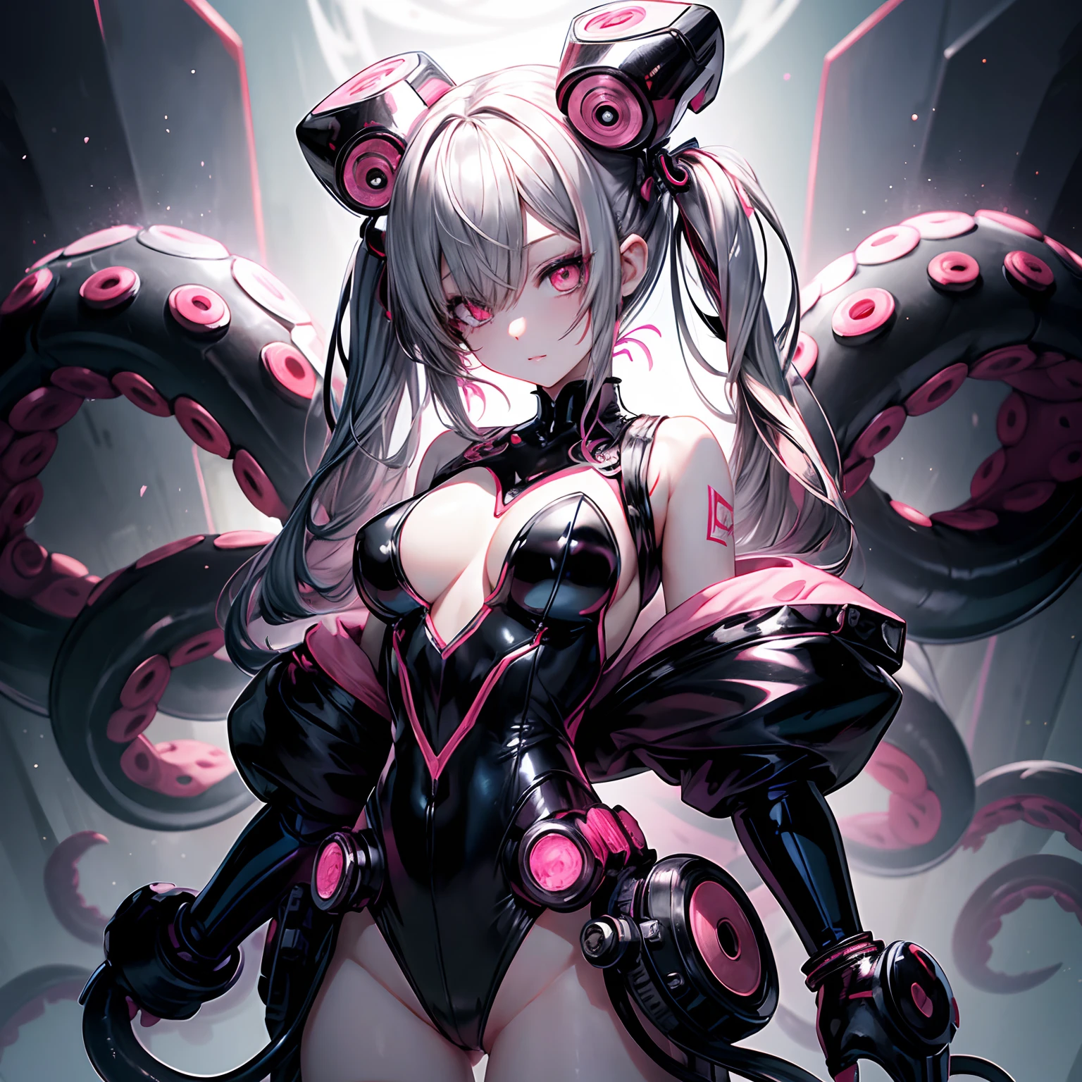 Beautiful girl in cyber style leotard。Bangs hide one eye。eyes glowing red。Mechanical unit floating around the body。The image color of the costume is black or silver。Pink shorthair。Ribbon on the head。Offensive design。Pink latex skirt。Octopus tentacles growing from the waist。Firearms connected to the unit。