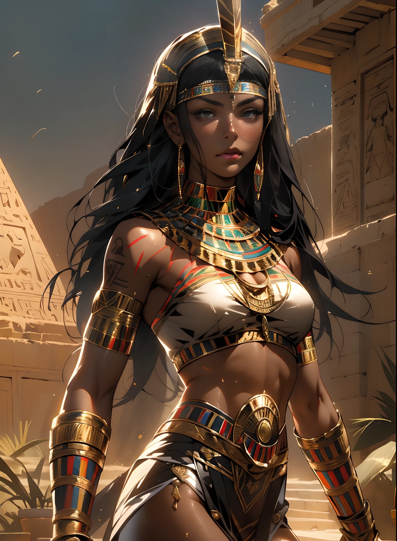 ((Frank Frazetta)),beautiful black woman, Beautiful black eyes、Egyptian woman, (Glossy Egyptian ornaments), muscular and perfect body:1.4,(top-quality、8K、32K、​masterpiece、nffsw:1.3)、超A high resolution,(Photorealsitic:1.4), long black hair with heavy bangs on the forehead,,,Image from head to thigh,,Ray traching,Sun glare,depth of fields,By backlight effect、Add depth to your screen、muscular body, Red veil, dark skin shiny with oil and sweat, Anubis warrior in small clothes, golden bra, Egyptian tattoo,, Large breasts, Generous cleavage, , A desert, pyramids in the background,