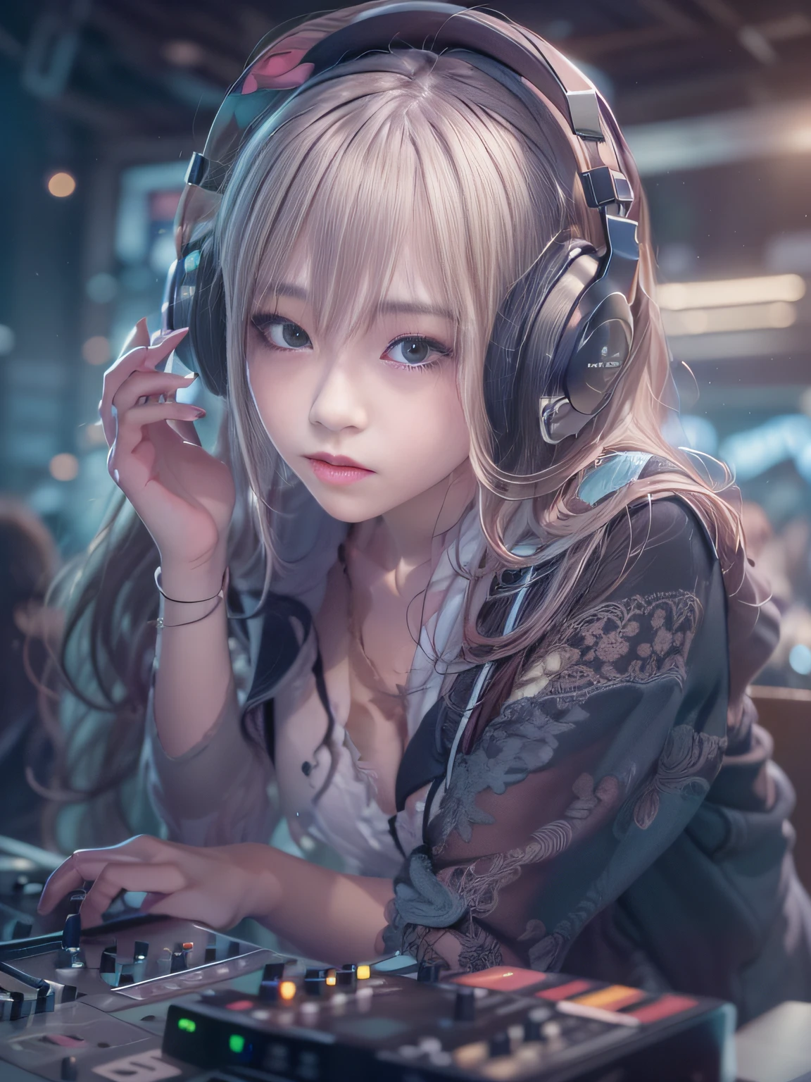 Alafed woman in DJ venue wearing headphones, ((A look tinged with joy,Ephemeral woman)),nightcore, With headphones, Kantai Collection Style, Soft lighting, with head phones, DJ female, anime moe art style,I am a DJ,((They are very focused:1.5)),small tits,slim figure,extremely detailed eye and face、beatiful detailed eyes,Beautiful skins,finely detail、smooth hair,detailed hairs,Very fine hairs,Cool color makeup,Lowered eyebrows、Whitening effect,thin and thin eyebrows,milky skin,DJs concentrate on the venue,(A scene from the venue),((The gaze is looking at the venue)),The DJ machine is exquisitely operated