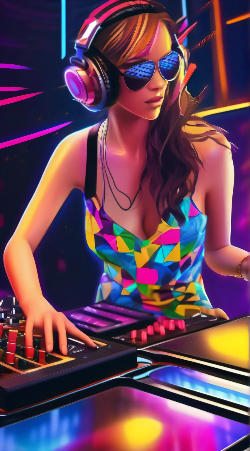 upper body,  female dj, colorful clothes , quirky, vibrant appearance,  playful accessories, creative behavior, imaginative, sensual, spontaneous, dj headphones, mixing console, music club, night club, indie theaters, people dancing on the dance floor background,  underground danceclub,  highest quality, skin texture, intricate details, (cinematic lighting), RAW photo, 8k