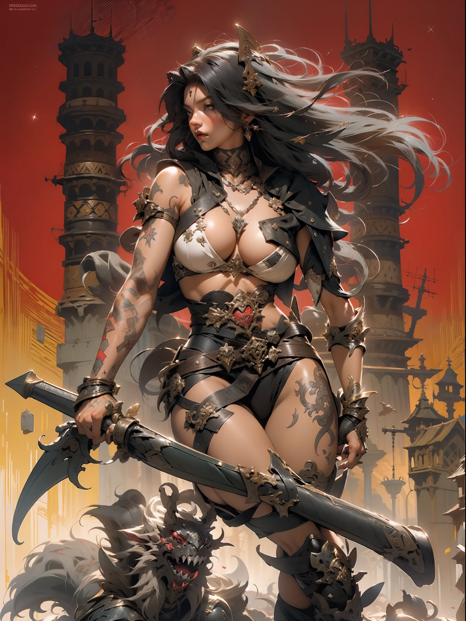 (((mulher))), (((melhor qualidade))), (((obra prima))), (((adulta))), Uma guerreira mulher de 35 anos com corpo perfeito, Brooklyn Gladiators, (( under boobs )), quase nua no estilo selvagem urbano de Simon Bisley para a capa da revista Heavy Metal, cabelo loiro, Minimum clothing, red and white checkered pattern, armadura, cheio de pontas e rebites, tatuagem tribal, (((do joelho pra cima))), cabelo desalinhado