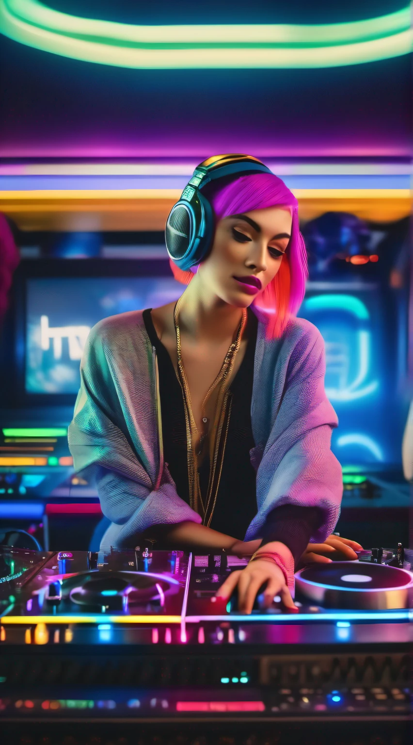 upper body, female dj, colorful clothes , quirky, vibrant appearance, playful accessories, creative behavior, imaginative, sensual, spontaneous, dj headphones, mixing console, music club, night club, indie theaters, people dancing on the dance floor background, underground danceclub, highest quality, skin texture, intricate details, (cinematic lighting), RAW photo, 8k