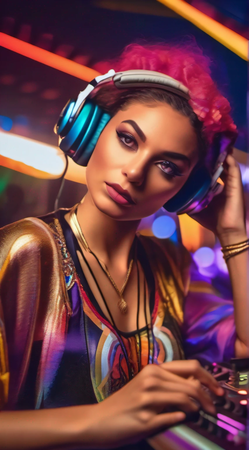 upper body, female dj, colorful clothes , quirky, vibrant appearance, playful accessories, creative behavior, imaginative, sensual, spontaneous, dj headphones, mixing console, music club, night club, indie theaters, people dancing on the dance floor background, underground danceclub, highest quality, skin texture, intricate details, (cinematic lighting), RAW photo, 8k