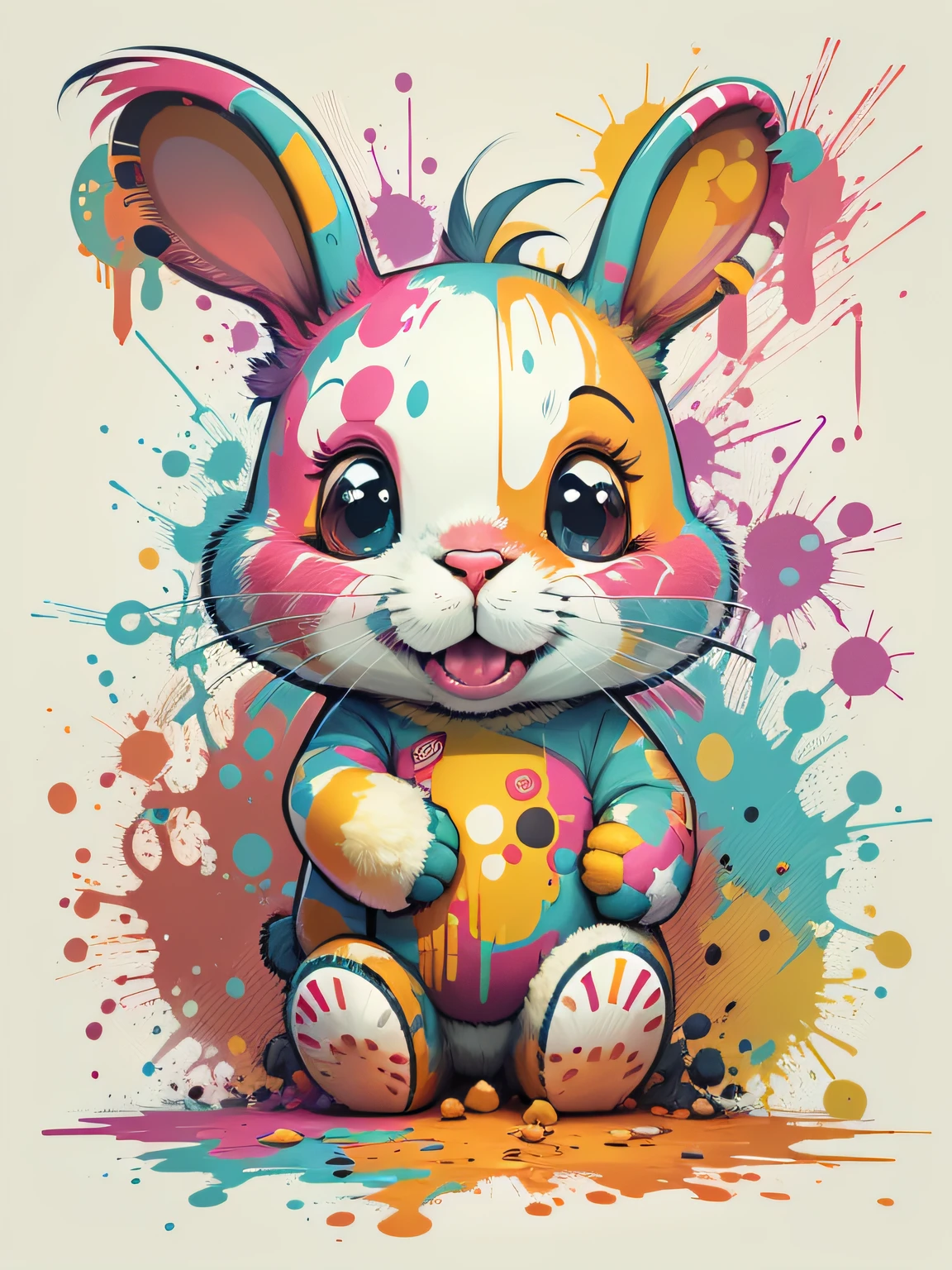 vectorial art，Color graffiti illustration，Cute cartoon stuffed bunny，Bright colors in the center，Paint splashes and stains，Adobe illustrator，High detail，white backgrounid