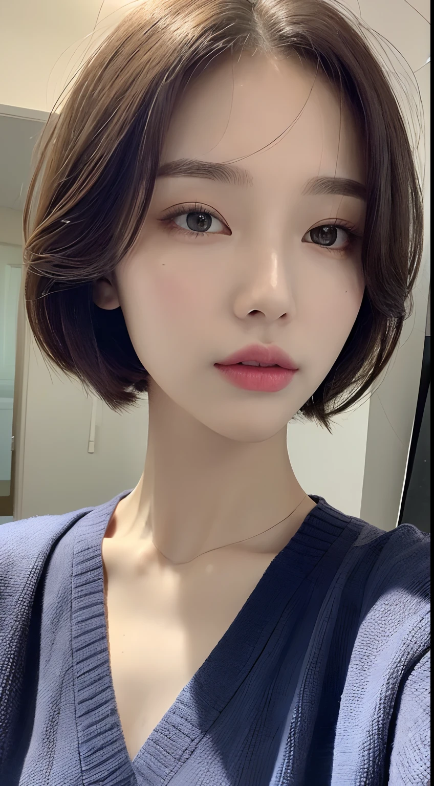 ((Best quality, 8k, Masterpiece :1.3)), 1girl, Pretty woman with slender abs :1.3, (Medium-short hair, Huge breasts :1.2), Cardigan :1.1, Ultra-detailed face, Detailed eyes, Double eyelid