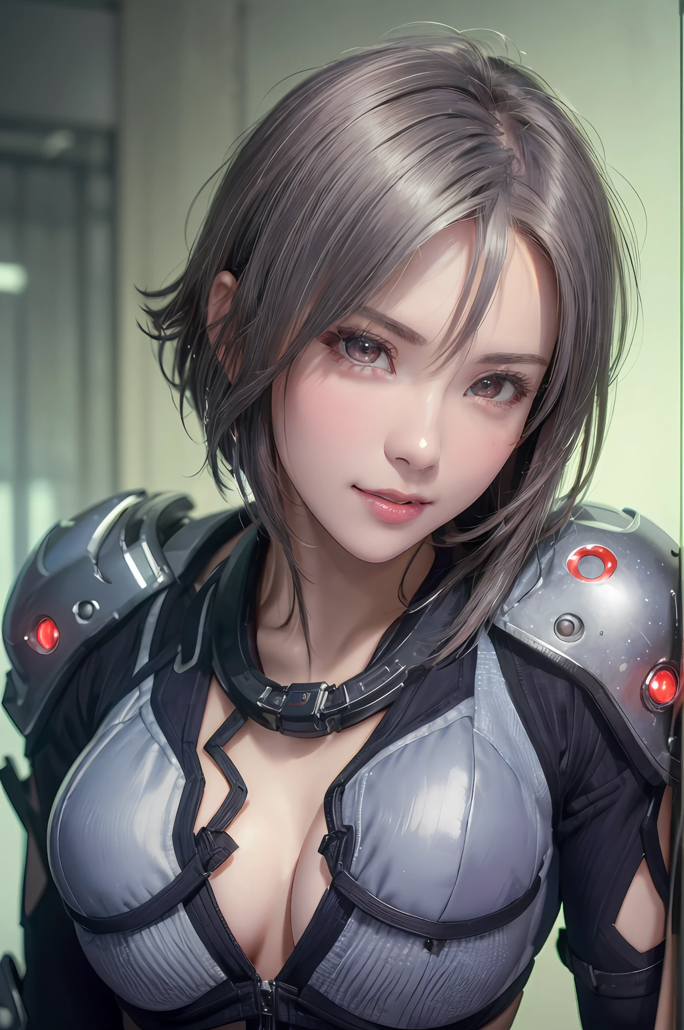 (8k, photorealistic, RAW photo, top quality: 1.4), (1girl), super beautiful, (realistic face), (boyish, silver-colored berry short hair), beautiful cyberpunk suit, glares seducing viewer, beautiful expression, beautiful breasts, (realistic skin), beautiful smile, (soldier), attractive, ultra high resolution, ultra realistic, high definition, spoiled