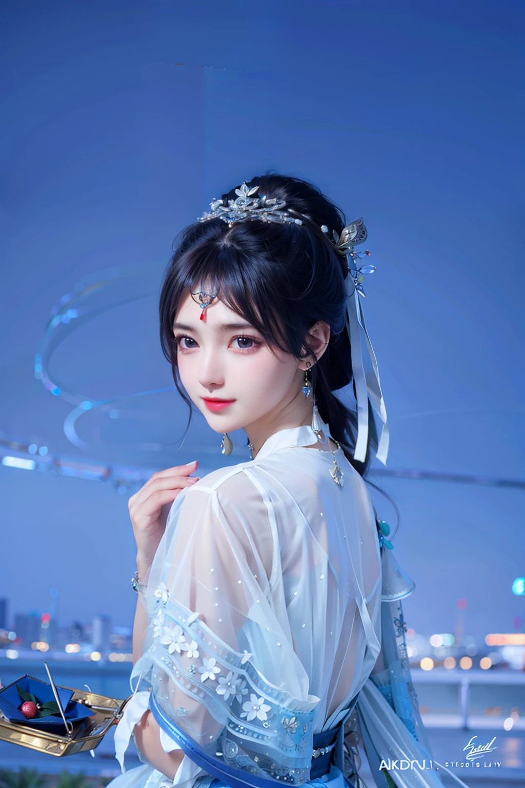 Best quality, Masterpiece, A high resolution, 1girll,china dress, happy and lovely face, intricate hair ornaments,necklace, jewelry,Beautiful face,after sexing_Body, Tyndall effect,Photorealistic, Dark Studio, rim lit, twotonelighting,(highdetailskin:1.2), 8K UHD, Digital SLR, Soft lighting, High quality, voluminetric lighting, candid, photographed, high resolution, 4K, 8K, Bokeh, .Building