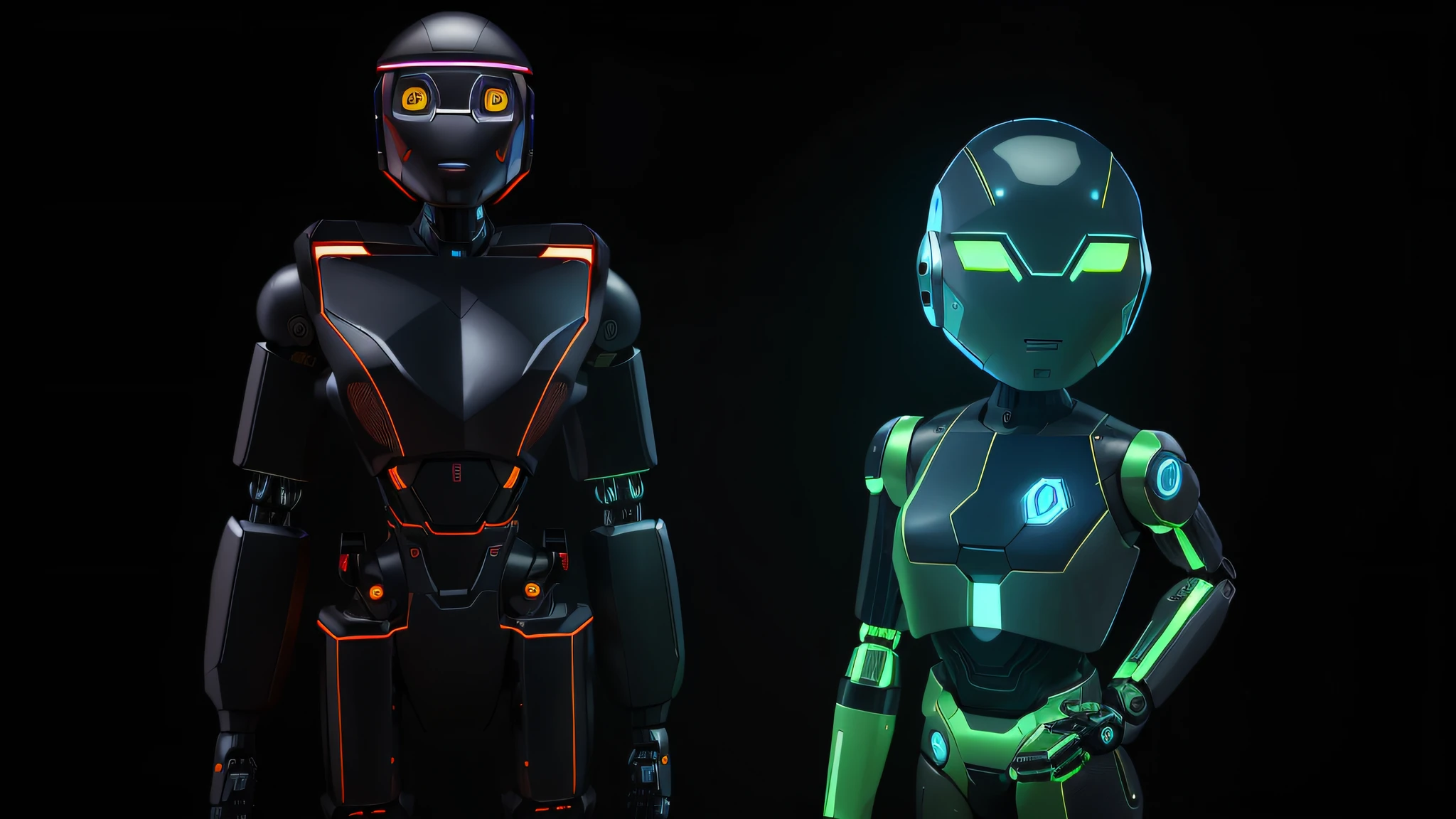 there are two robots that are standing next to each other, friendly humanoid cyber robot, scifi robots, robot cyborgs, foco em dois androides, ( ( robot cyborgs ) ), robots, humanoid robots, futuristic robots, part robot and part black human, cybernetic and highly detailed, estilo cyber universe, metal robots