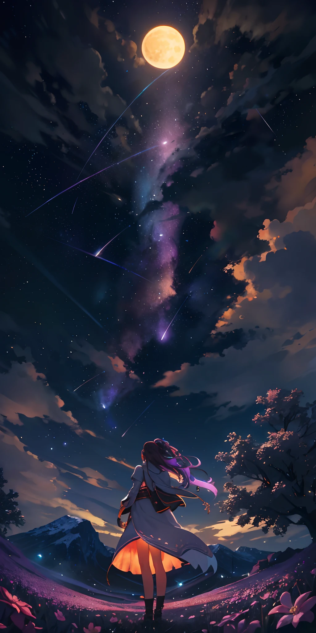 Vast landscape photo, (viewed from below, the sky is above and the open field is below), a girl standing on a flower field looking up, (full moon: 1.2), (meteor: 0.9), (nebula: 1.3), distant mountains , Trees BREAK Crafting Art, (Warm Light: 1.2), (Fireflies: 1.2), Lights, Lots of Purple and Orange, Intricate Details, Volumetric Lighting, Realism BREAK (Masterpiece: 1.2), (Best Quality), 4k, Ultra-Detailed, (Dynamic Composition: 1.4), Very Detailed, Colorful Details, (Rainbow Colors: 1.2), (Glow Lighting, Atmospheric Lighting), Dreamy, Magical, (Solo: 1.2)