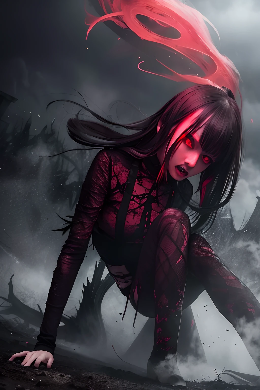 A girl with red eyes, Sharp teeth,Miserable white pupils,full bodyesbian, Redness of the eyes,Black clothes
terror, Broken, contortion, sky, Heavy fog, Smoke, Dark forest, junji ito undertones, Masterpiece, 超高分辨率, High quality,