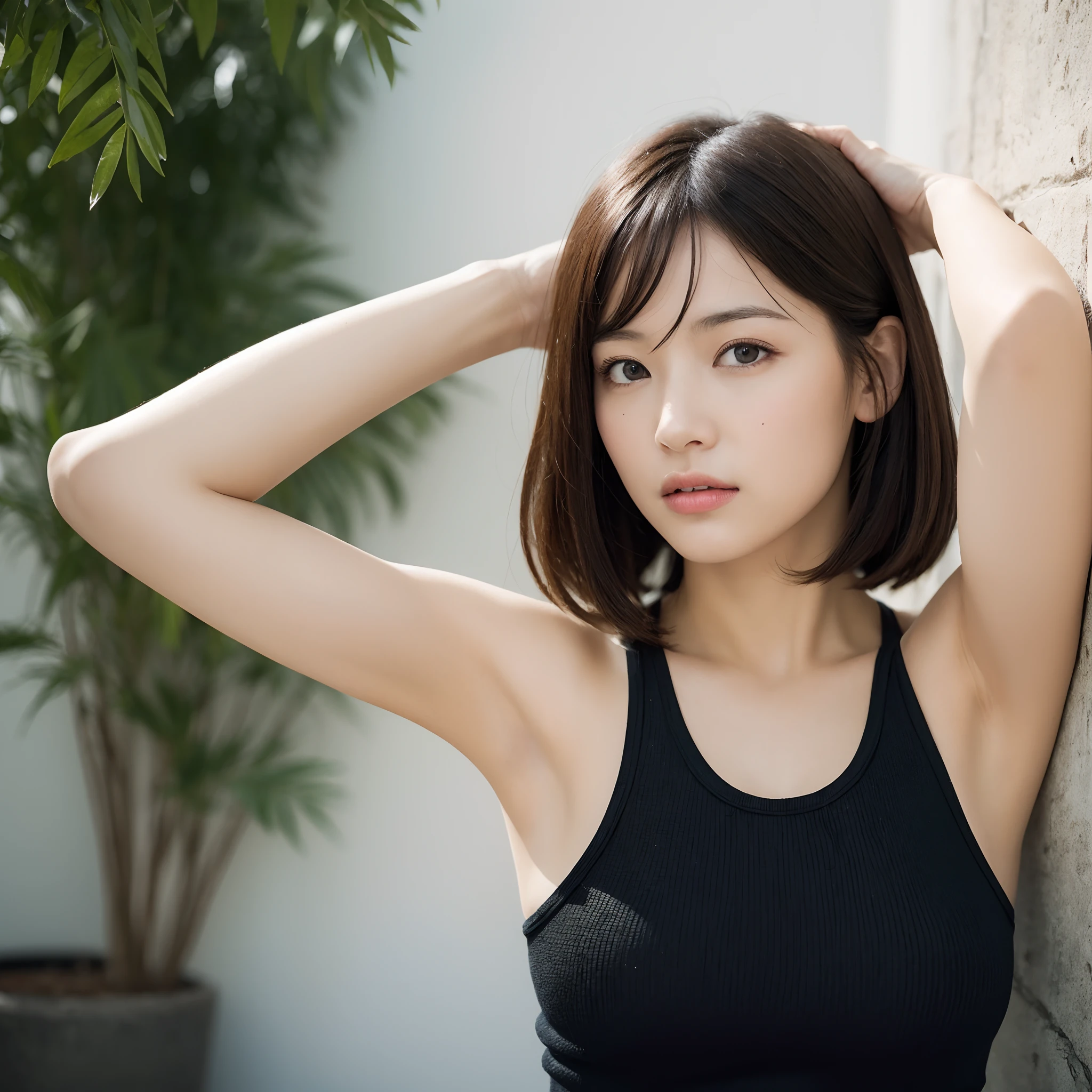 (A hyper-realistic), (illustratio), (hight resolution), (in 8K), (ighly detailed), (The best illustrations), (beatiful detailed eyes), (top-quality), (ultra-detailliert), (​masterpiece), (wall-paper), (详细的脸),(Put your hands on your head)、Wrinkled armpits,short-hair,up of face,Girl in black tank top, japanes