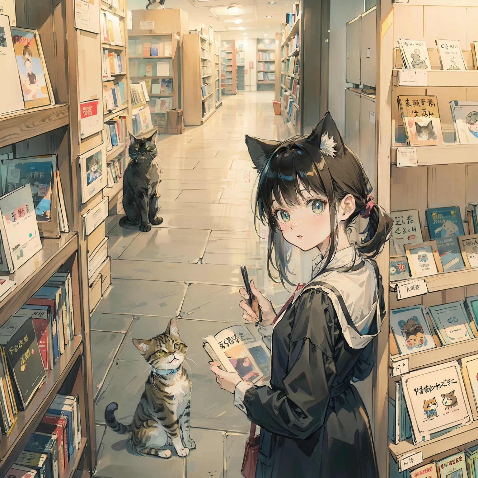 top-quality、masterpiece、Take a cute cat、bookstore