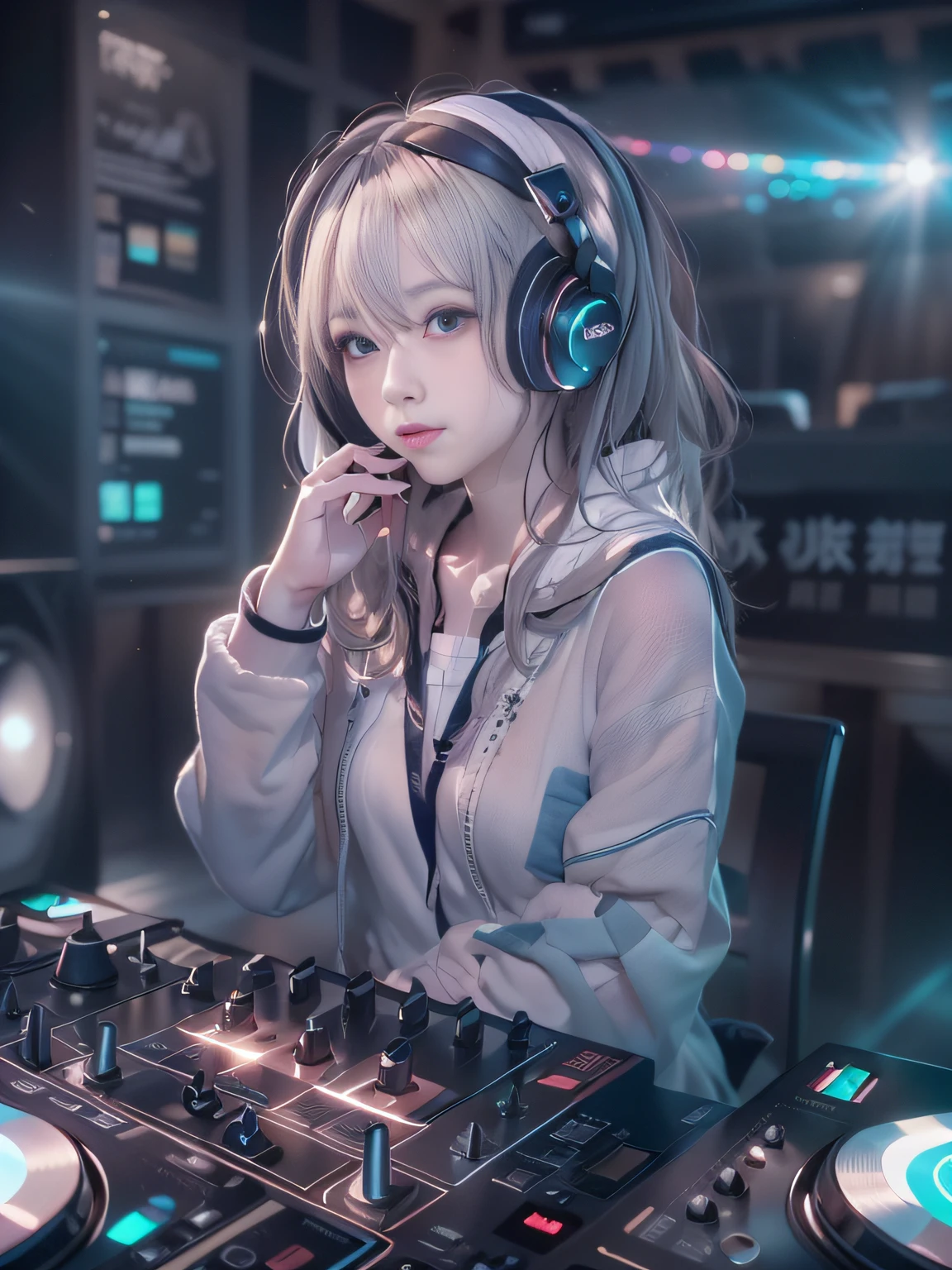 Alafed woman in DJ venue wearing headphones, A look tinged with joy，Ephemeral woman，nightcore, With headphones, Kantai Collection Style, Soft lighting, with head phones, DJ female, anime moe art style，I am a DJ，((They are very focused:1.5)),small tits，slim figure,extremely detailed eye and face、beatiful detailed eyes,Beautiful skins,finely detail、smooth hair，detailed hairs，Very fine hairs，Cool color makeup，Lowered eyebrows、Whitening effect，thin and thin eyebrows，milky skin,DJs concentrate on the venue，(A scene from the venue)，((The gaze is looking at the venue))，The DJ machine is exquisitely operated