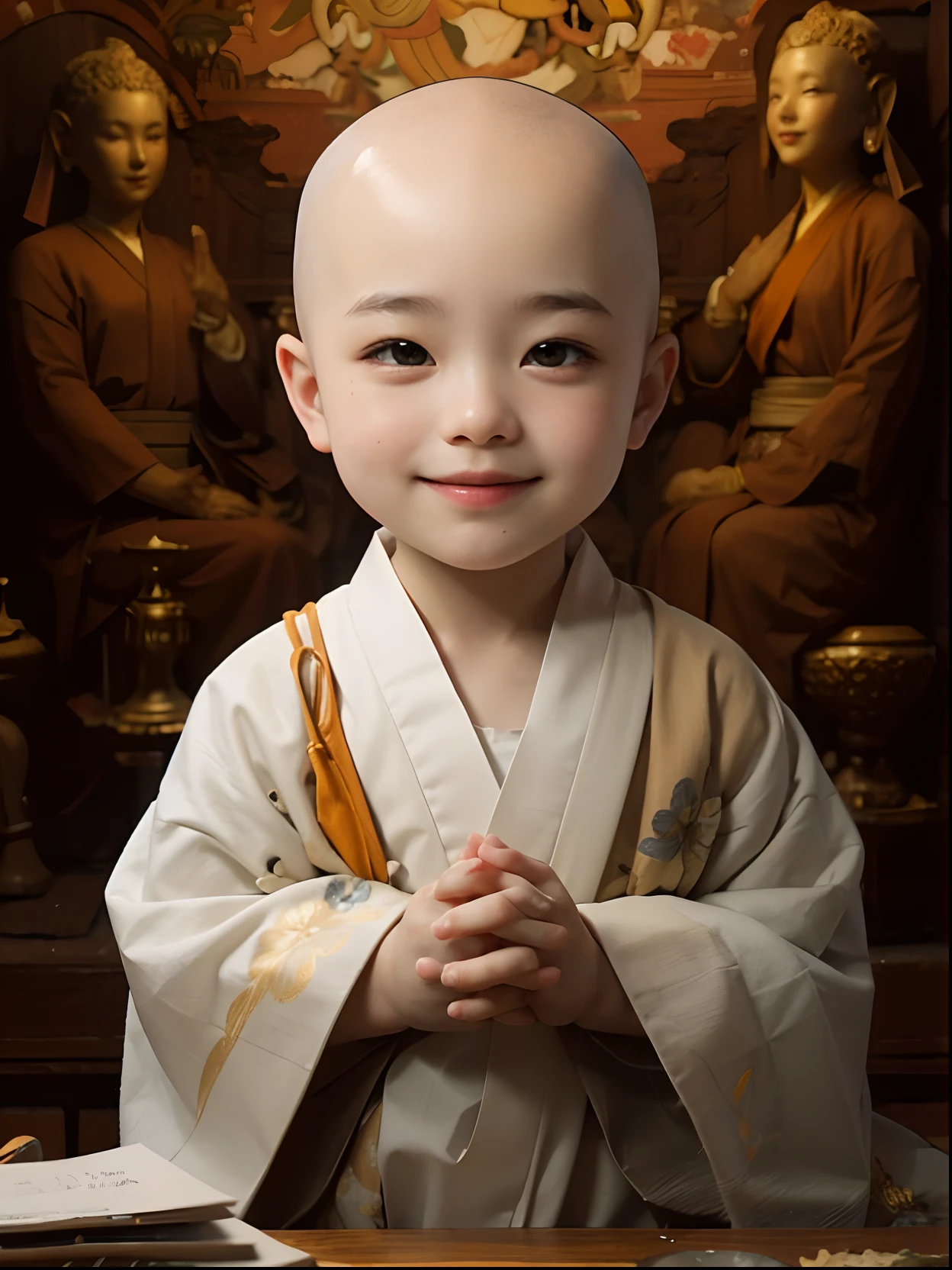2 year old child in simple monk robes,The background is a solid color,Portrait of a little monk,Laughing,Wearing a white monk's robe,bald-headed,Moe,The upper part of the body,frontal photos,Chinese