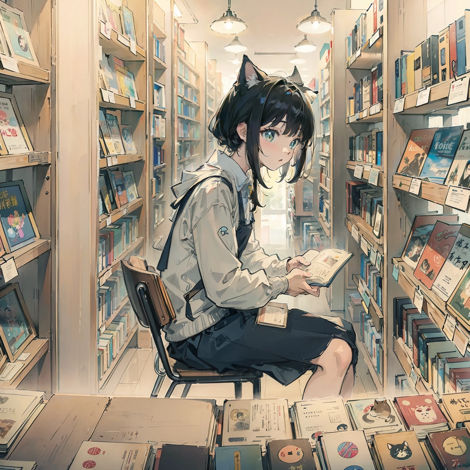 top-quality、​masterpiece、Take a cute cat、bookstore