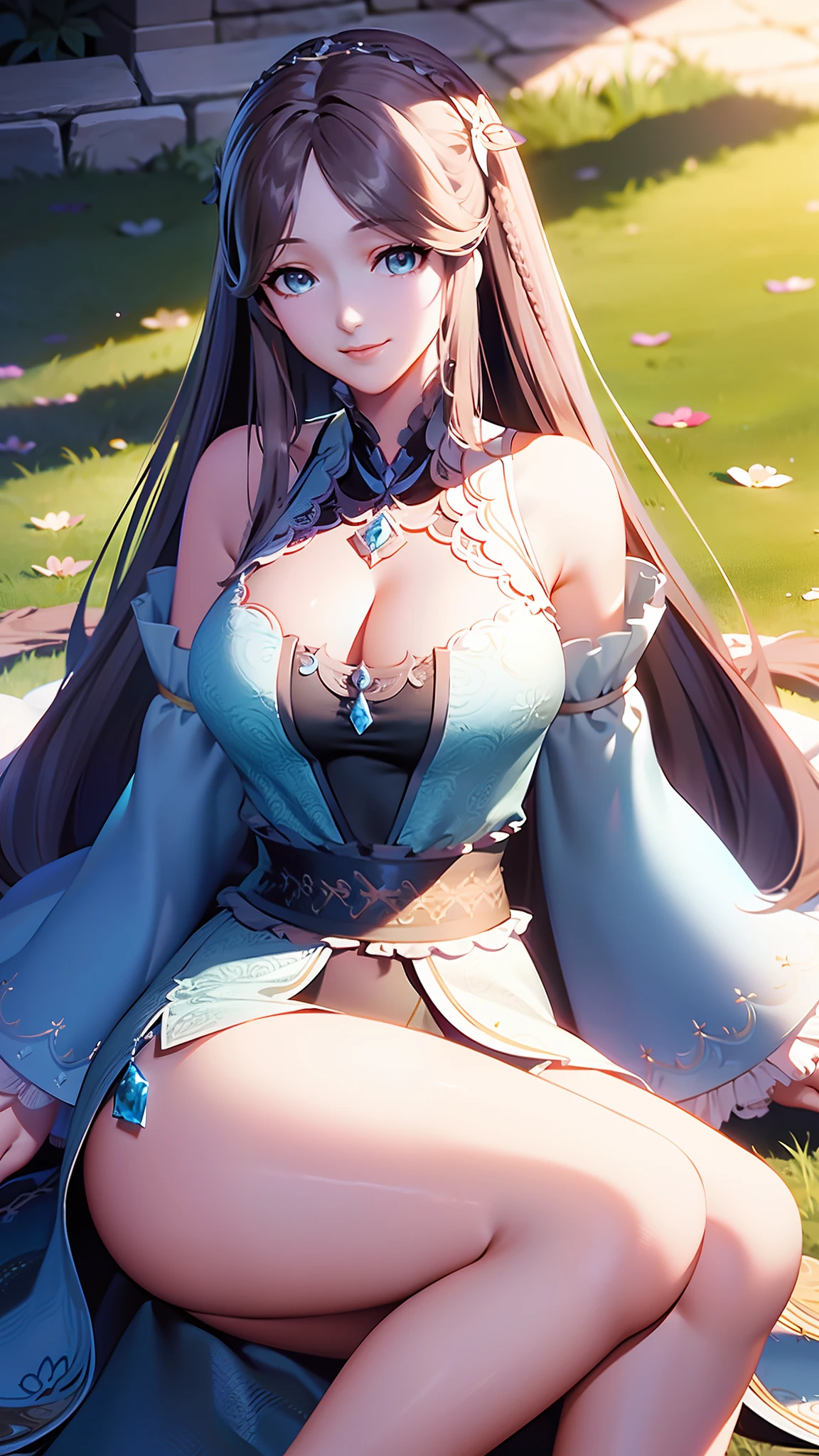 "the Extremely Detailed CG Unity 8K Wallpapers，tmasterpiece，Best picture quality，ningrongrong，Large breasts，cleavage，long whitr hair，Off-the-shoulder attire，Close-up，sada，ssmile，looks into camera，sportrait，