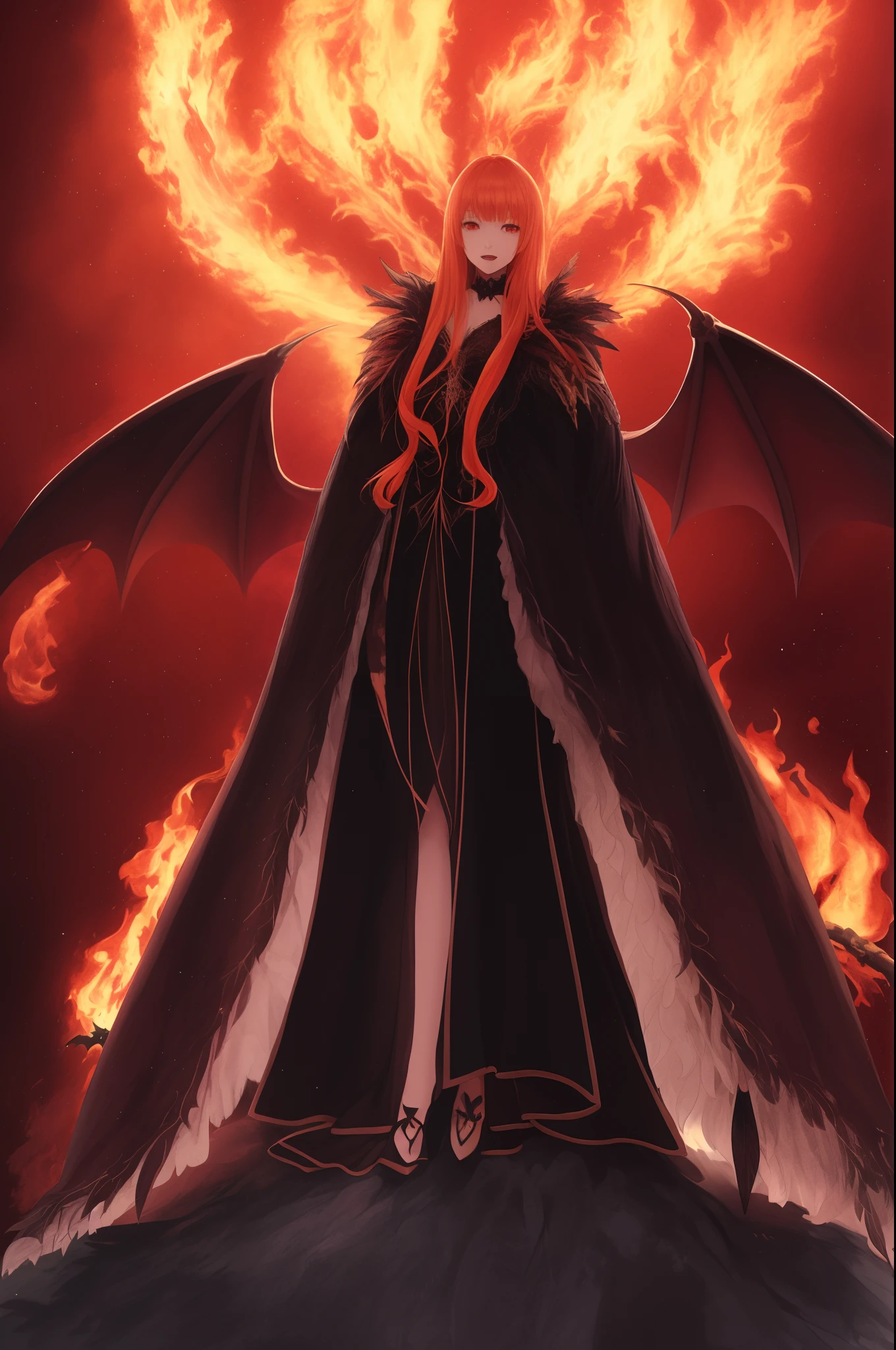 full-body portraits、top-quality、A high resolution、Red flame on moonlight forest background、Dark fantasy、Spread large black feathers on the back,a group of bats、A girl with a red flame on her body、Vampire fangs、Short orange hair