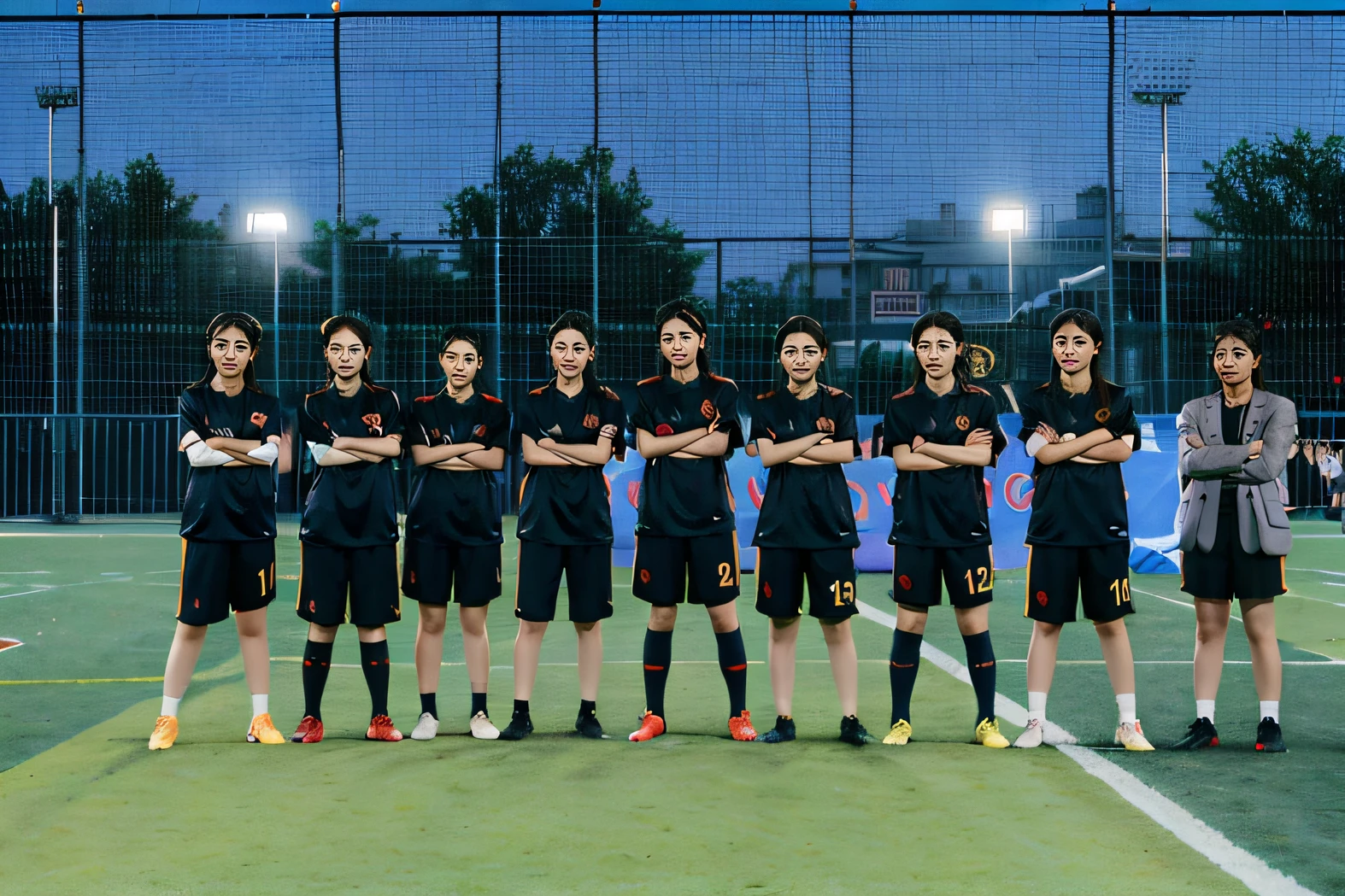 There are a lot of girls standing on the football field with their arms crossed,Inspired by Zou Yigui、nanquan,The middle shot is shot from the left,shot with Sony A 7 III。