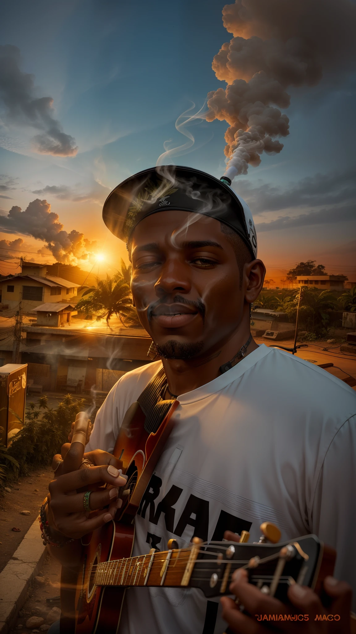 keep the characteristics of the image smoking marijuana in Jamaica while playing guitar, s 250