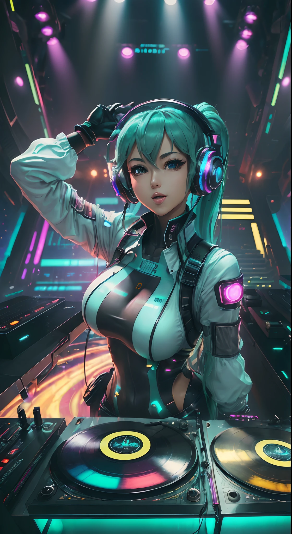 Highest image quality, outstanding details, ultra-high resolution, the best illustration, favor details, highly condensed, 1girl with long white hairs , ,the girl is wearing a gaming headset with cat ears, woman sitting on a big pink gaming chair, futurist style , big desk with many screens and a big gaming computer, , the girl is a hackers girl, cyberpunk, dressed in a sexy luminescent bodysuit , the background is a high-tech lighting scene in a gaming room with fluo luminescent graffiti on the walls , full view of woman, plan large, many fluo lights, black neon tubelights