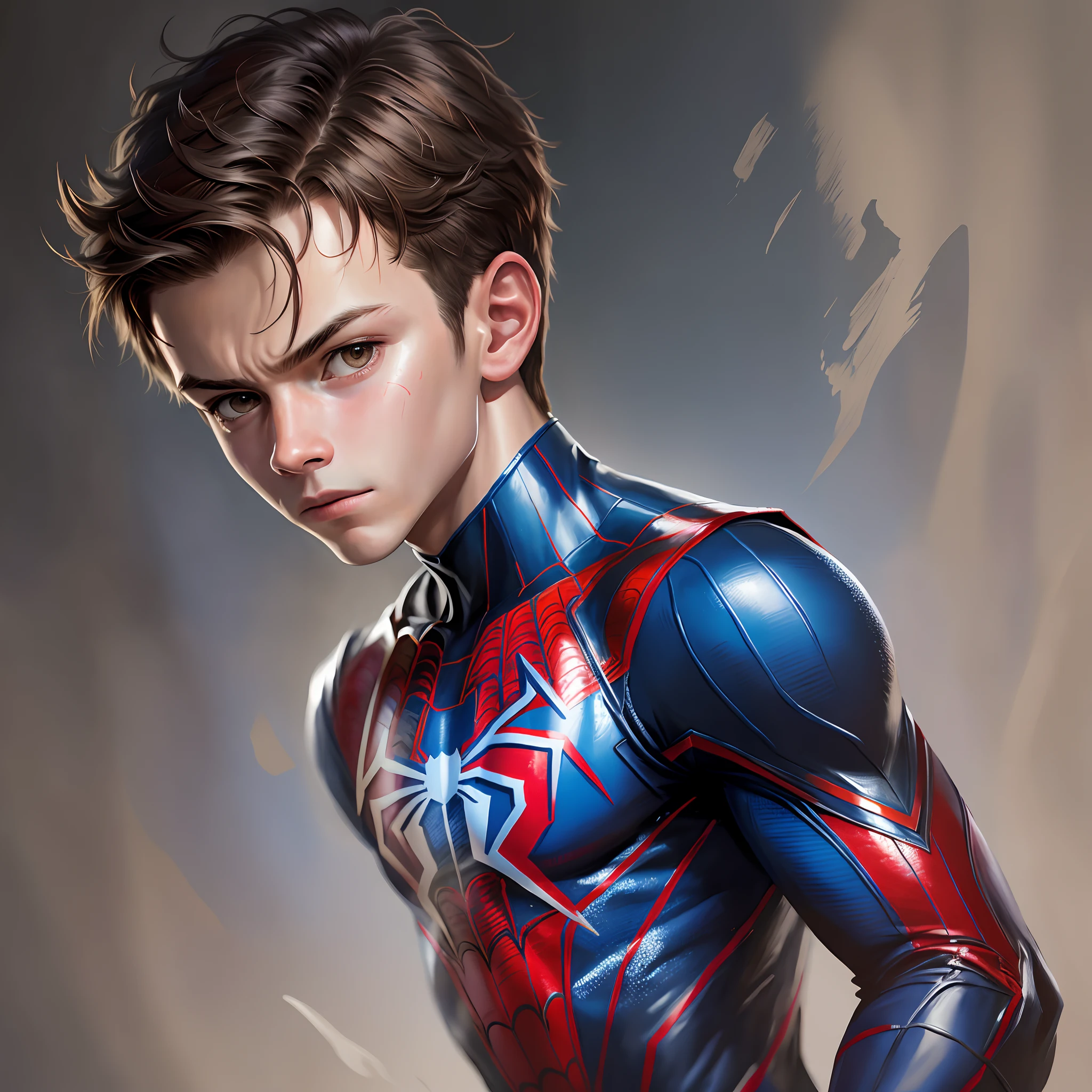 "Hyper-realistic painting of an 8--old  wearing the maskless Spider-Man outfit, showing his facial expression. Impressive precision in detail in high resolution. (painting, face, superhero outfit, high quality)"