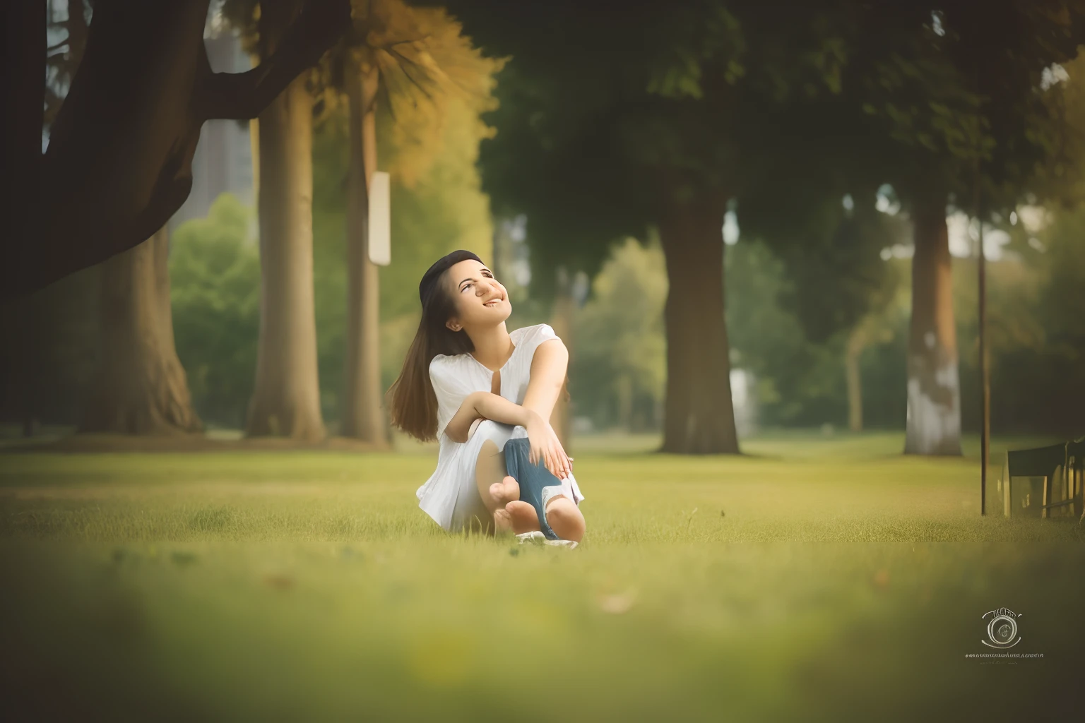 there is a beautiful girl sitting on the grass in the park, sitting on green grass, in a park, sitting on the ground, sitting relax and happy, sitting under a tree, candid photography, sitting on one knee on the grass, she is in pure bliss, in a city park, at a park, casual photography, beautiful lonely girl, 7 0 mm portrait, human, realistic face