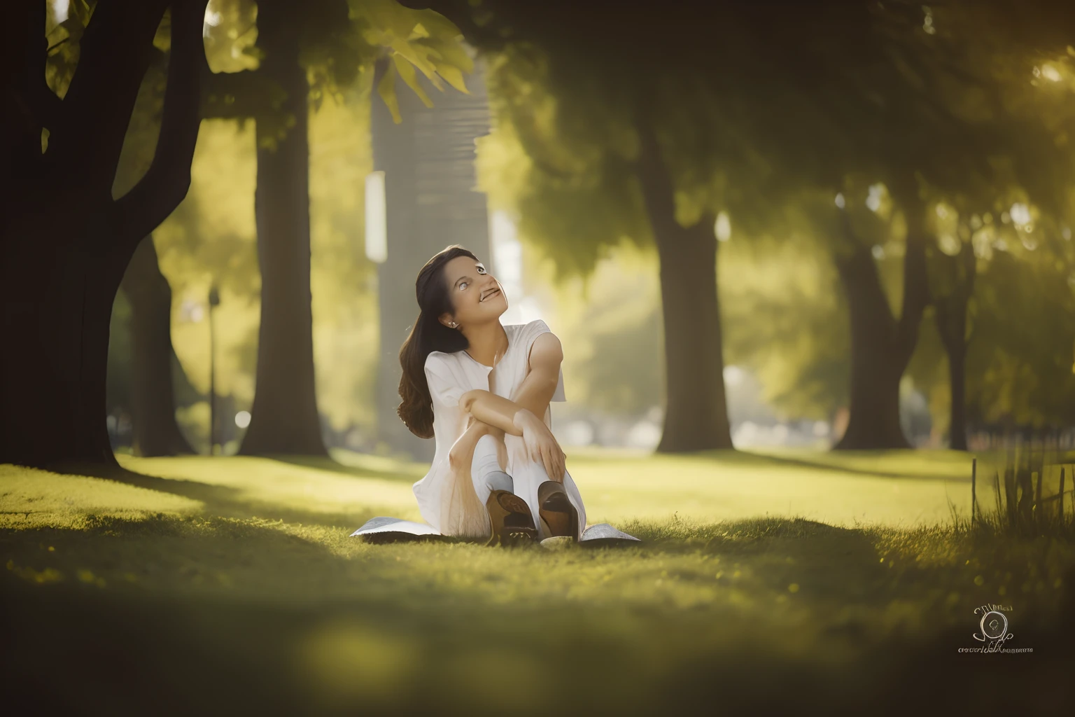 there is a beautiful girl  sitting on the grass in the park, sitting on green grass, in a park, sitting on the ground, sitting relax and happy, sitting under a tree, candid photography, sitting on one knee on the grass, she is in pure bliss, in a city park, at a park, casual photography, beautiful lonely girl, 7 0 mm portrait, human, realistic face