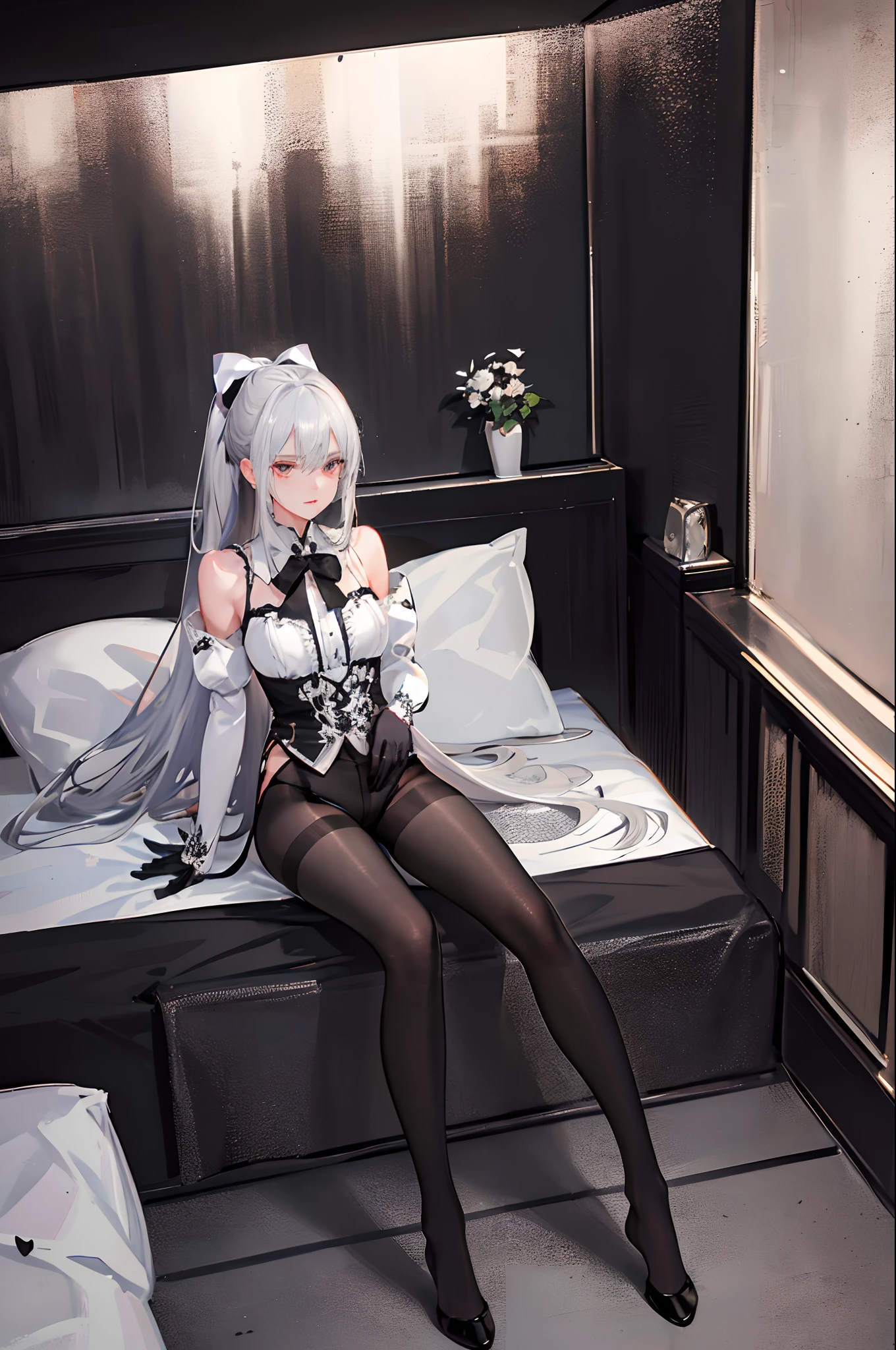(low angle shot), (((1 girl)),ray tracing,(dim lighting),[detailed background (bedroom)),((silver hair)),((silver hair)),(Fluffy silver hair, plump slender girl)) with high ponytail)))) Avoid blonde eyes in the ominous bedroom ((((Girl wears intricately embroidered black high-waisted pants with pantyhose) and white ruffled bow gloves), showing a delicate slim figure and graceful curves, correct limbs, sitting on the bed, (8k, RAW photo, best quality, masterpiece:1.2), (beautiful long legs:1.3)