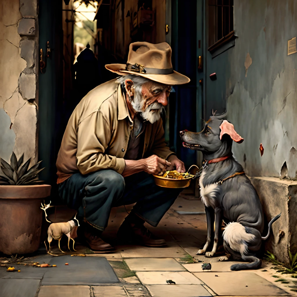 An old stray man eats a dog