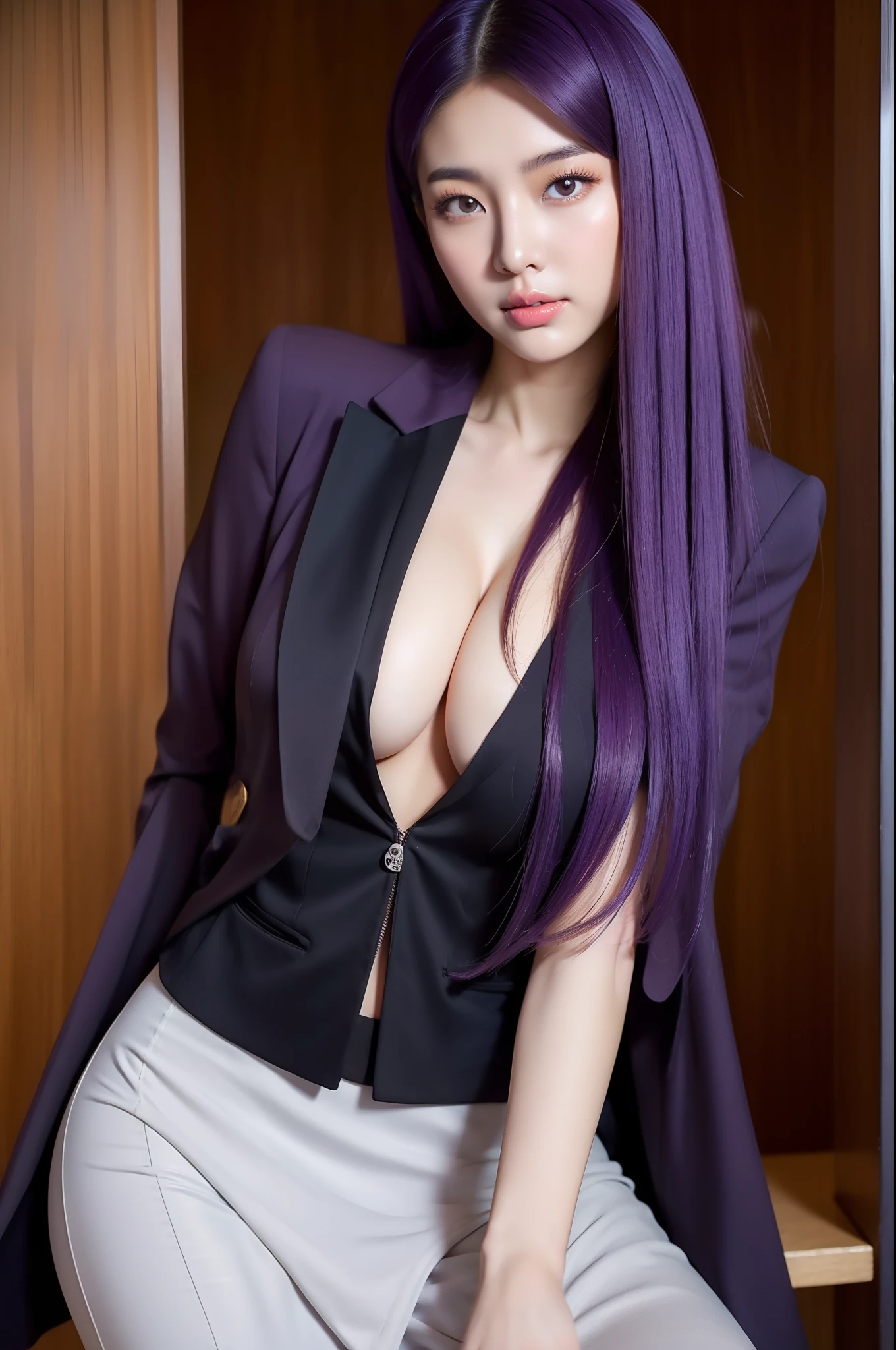 pirate suit, arafed asian woman in a skirt posing for a picture, jaeyeon nam, gorgeous young korean woman, beautiful south korean woman, korean girl, beautiful young korean woman, korean woman, heonhwa choe, korean women's fashion model, sexy look, big breast, light purple hair, sexy pose, show breast