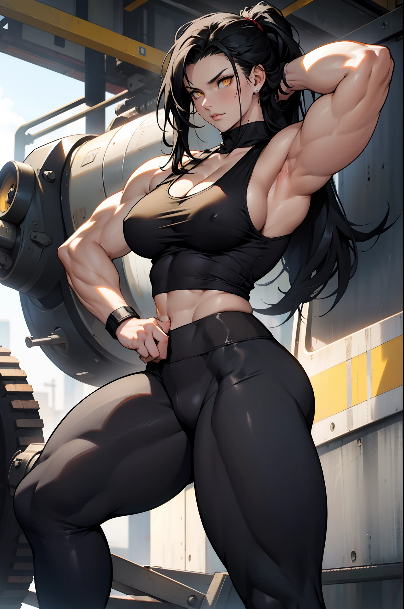 black hair, very long hair, yellow eyes, thick thighs, large breasts, (muscular), pale skin, leggings, tank top