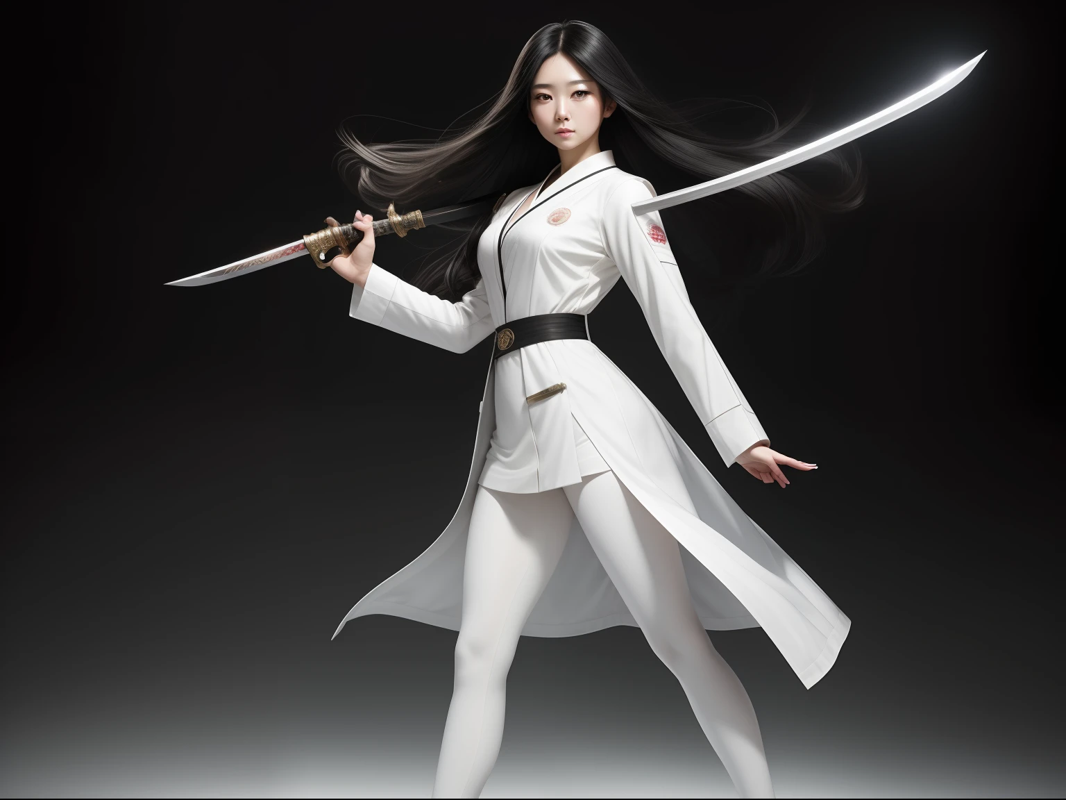 Beautiful woman in white coat、Long Black Hair、bangss、Female doctor with a long Japan sword、Beautiful female doctor with Japan sword、30Beautiful Japan woman of the same generation、8K high-resolution photos、fullbody image、White tights、high-heels、Increase depth of field、