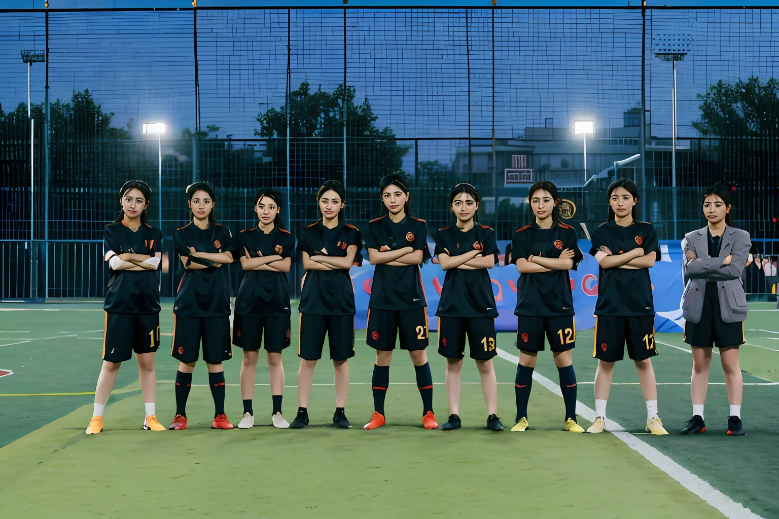 There are a lot of girls standing on the football field with their arms crossed,Inspired by Zou Yigui、nanquan,The middle shot is shot from the left,shot with Sony A 7 III。